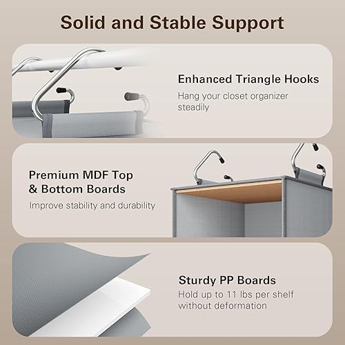 Miniatura 7 de Pipishell Organizador colgante de armario de 6 estantes con 2 estantes separables de 3 niveles, 3 cajones y bolsillos laterales, organizadores