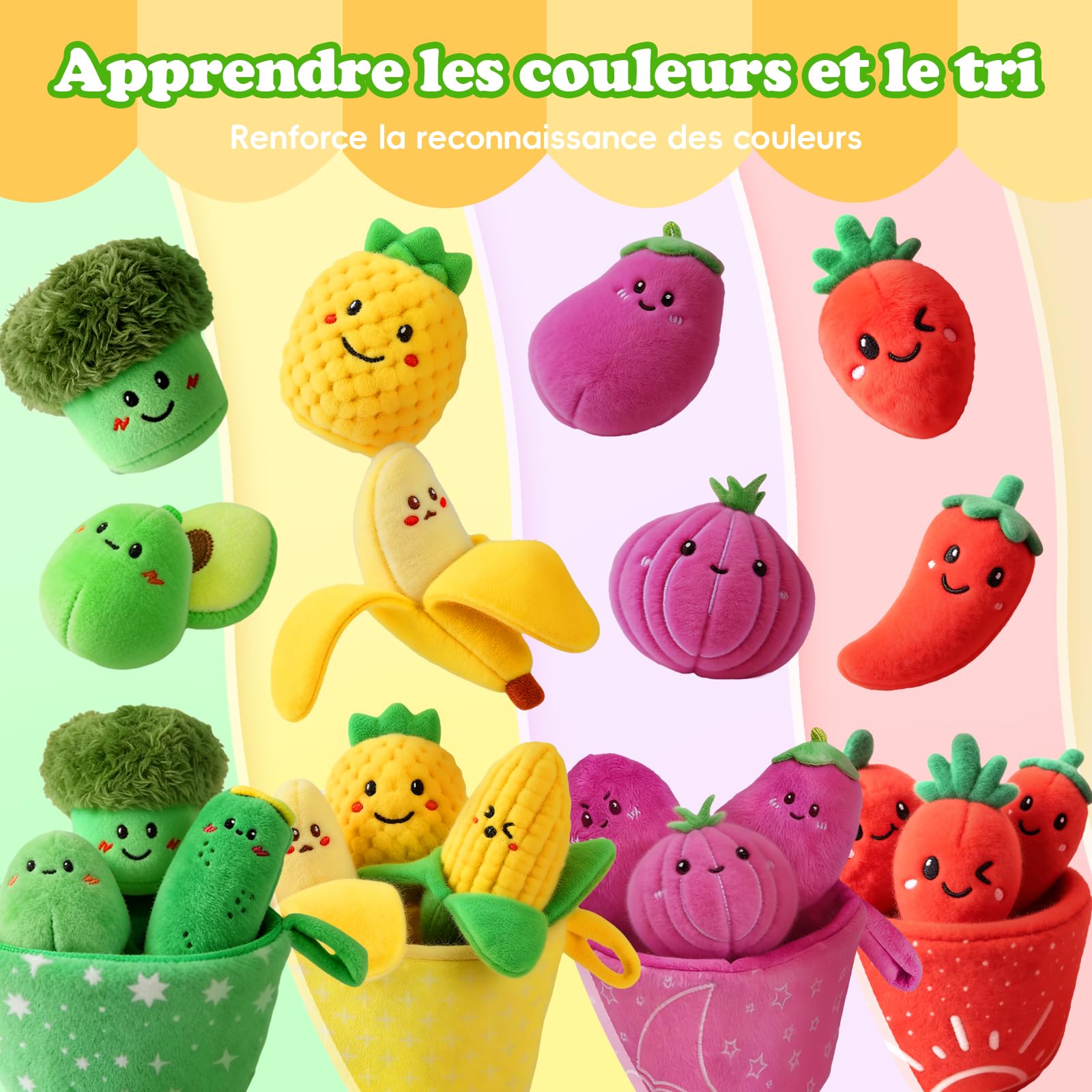 SAIMAND Jouet Montessori Bébé 6M+ Mois, Fruits Légumes en Peluche Originale | Jouet Bebe 1 An, Tri des Couleurs & Motricité Fine, Coffret Sensoriel 16 Pièces avec Paniers, Cadeau Enfant 1 2 3 Ans