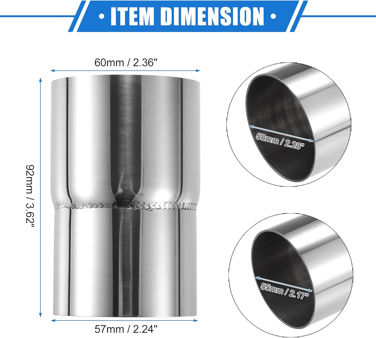 2 Pcs Exhaust Pipe Adapter Connector Reducer, 2.25" ID - 2.25" OD Exhaust Adapter Universal for Car Truck Pickup Durable Stainless Steel Silver Tone