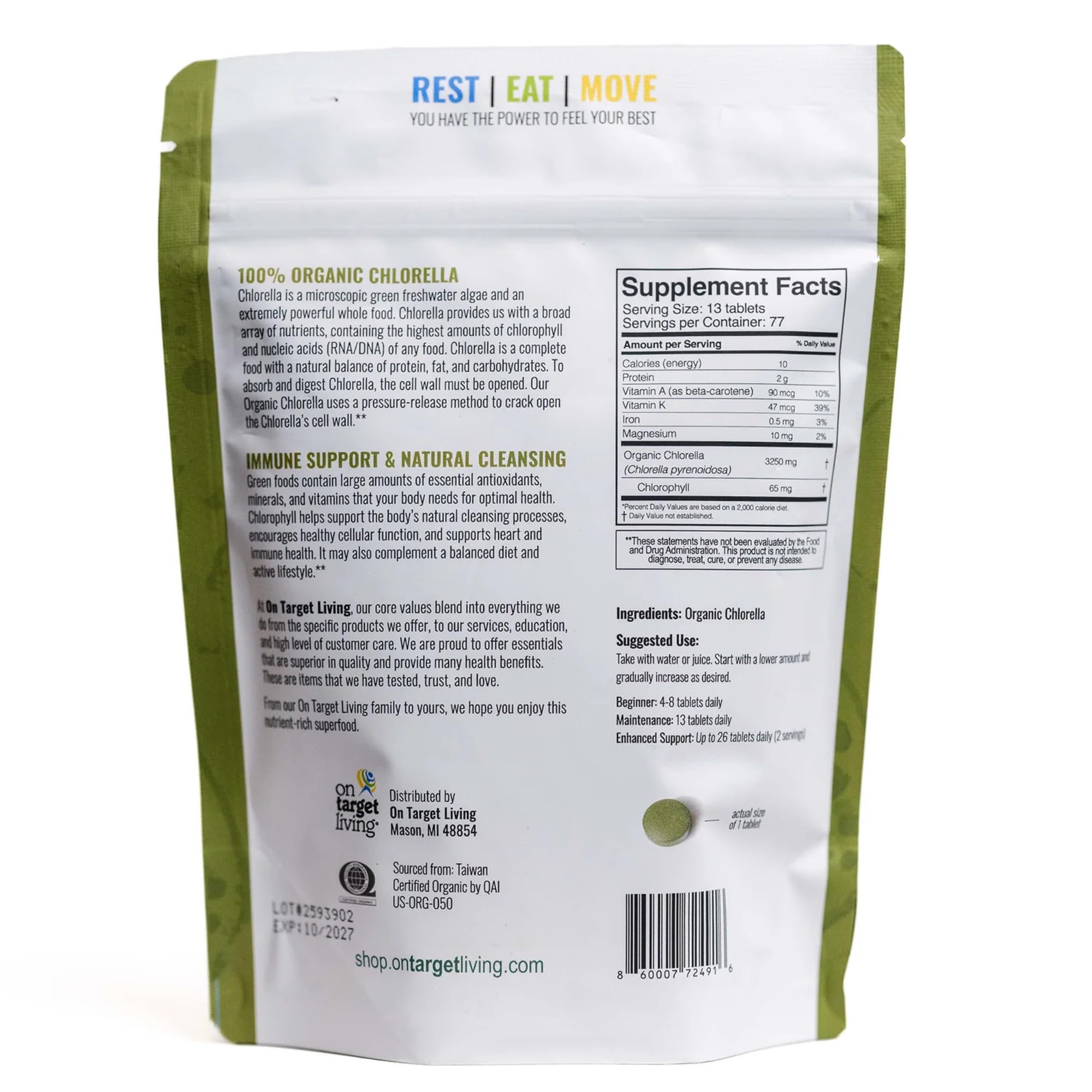 On Target Living Organic Chlorella Tablets | 1000 Count Broken Cell Wall, 250g | USDA Organic Vegan Complete Plant Protein | High in Chlorophyll | No Fillers or Binders — Amazon image 5
