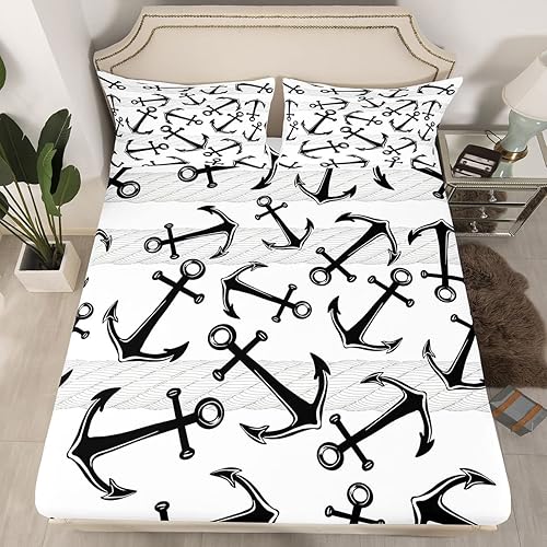 Manfei Anchor - Juego de sábanas bajeras tamaño Queen, diseño de rayas de cuerda, 3 piezas para decoración de habitación de niños, adolescentes,