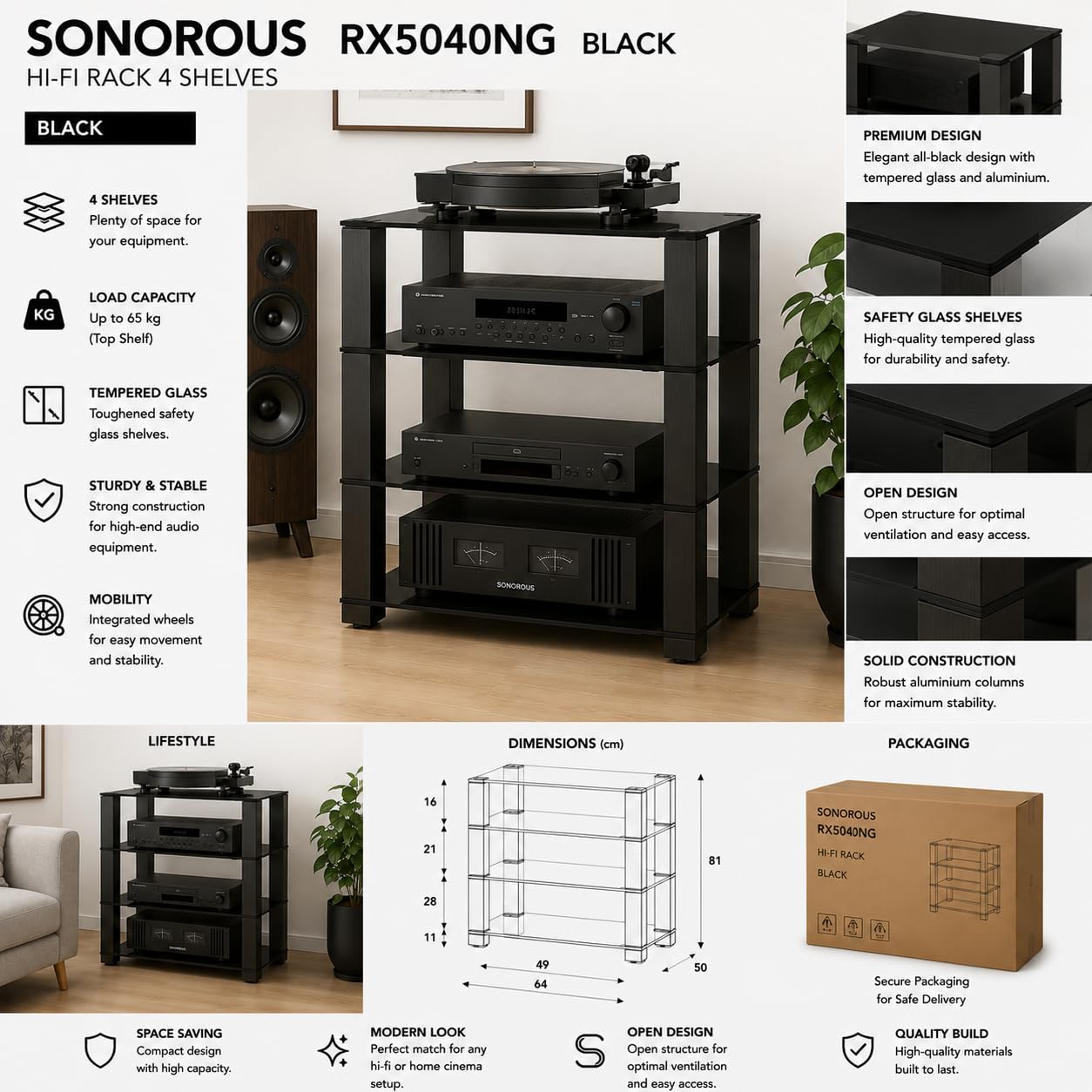 SONOROUS RX5040-NN Mueble HiFi de 4 Estantes con Vidrio Templado Negro | Soporte para Equipo de Audio y Electrónica, Hasta 40 kg por Estante, Con Ruedas