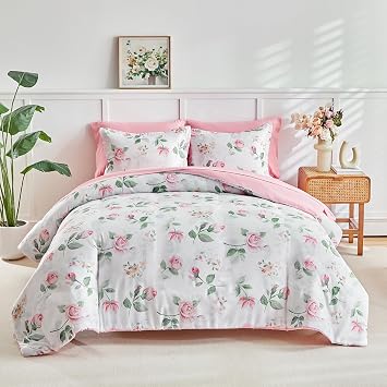 Floral White Duvet Cover Set Twin Size 3 Piece - 1 Pink Yellow Flower with Green Leaves Bedding Duvet Cover + 2 Pillow Shams 800 TC Colorful Style Comforter Cover with Zipper Closure, 4 Corner Ties