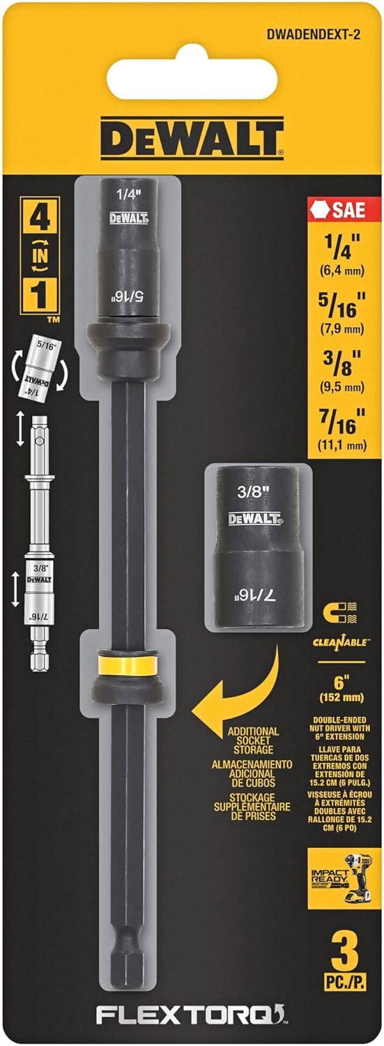 DEWALT FLEXTORQ Socket and Socket Extension, SAE, 4-in-1, with 6 inch Extension, Double Ended Nut Driver (DWADENDEXT-2)