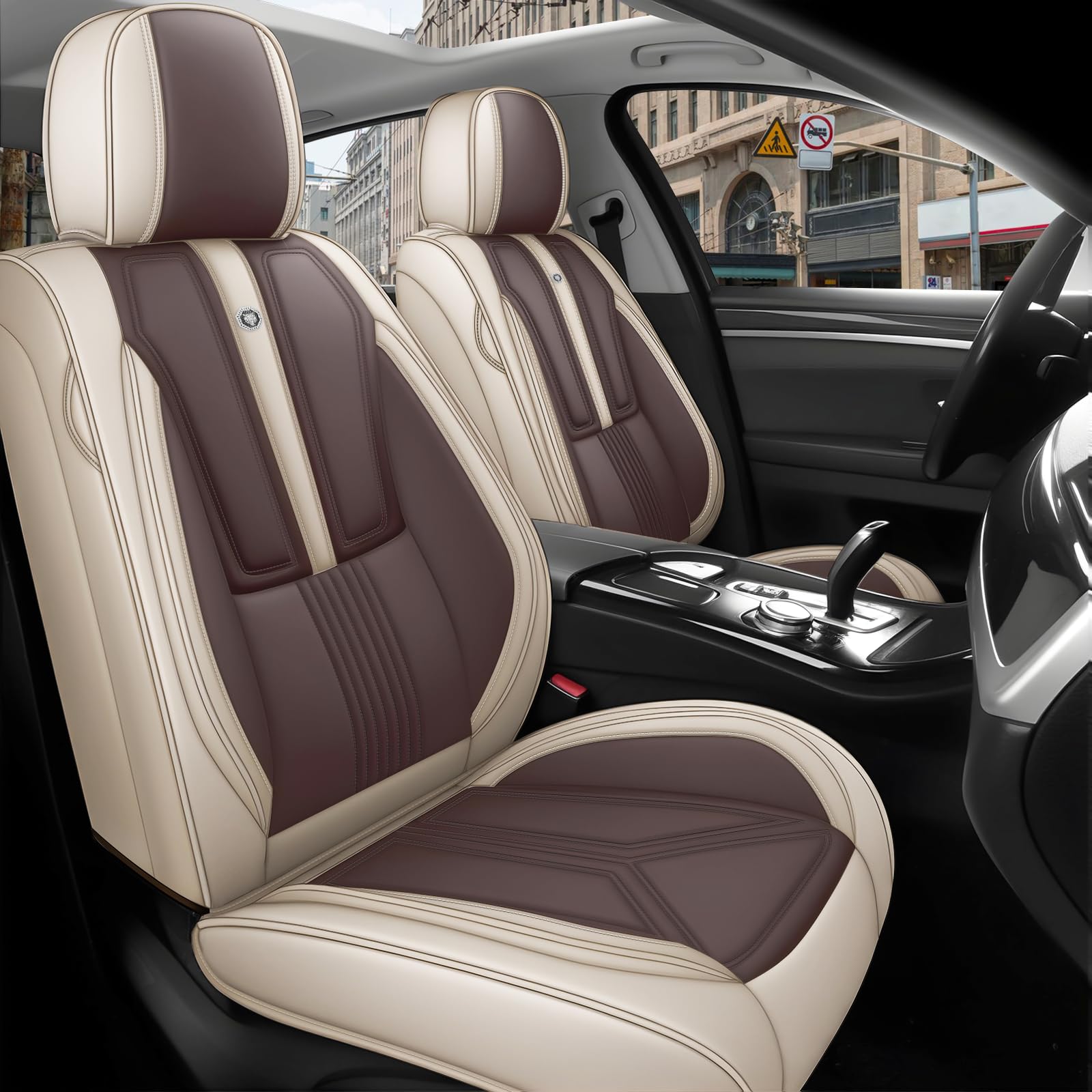 Arazi Car Seat Covers Full Set for Gmc Canyon 2007-2025, Nappa Leather Seat Cover Full Coverage Waterproof Seat Protector (Beige&Brown,5 Seats Standard)