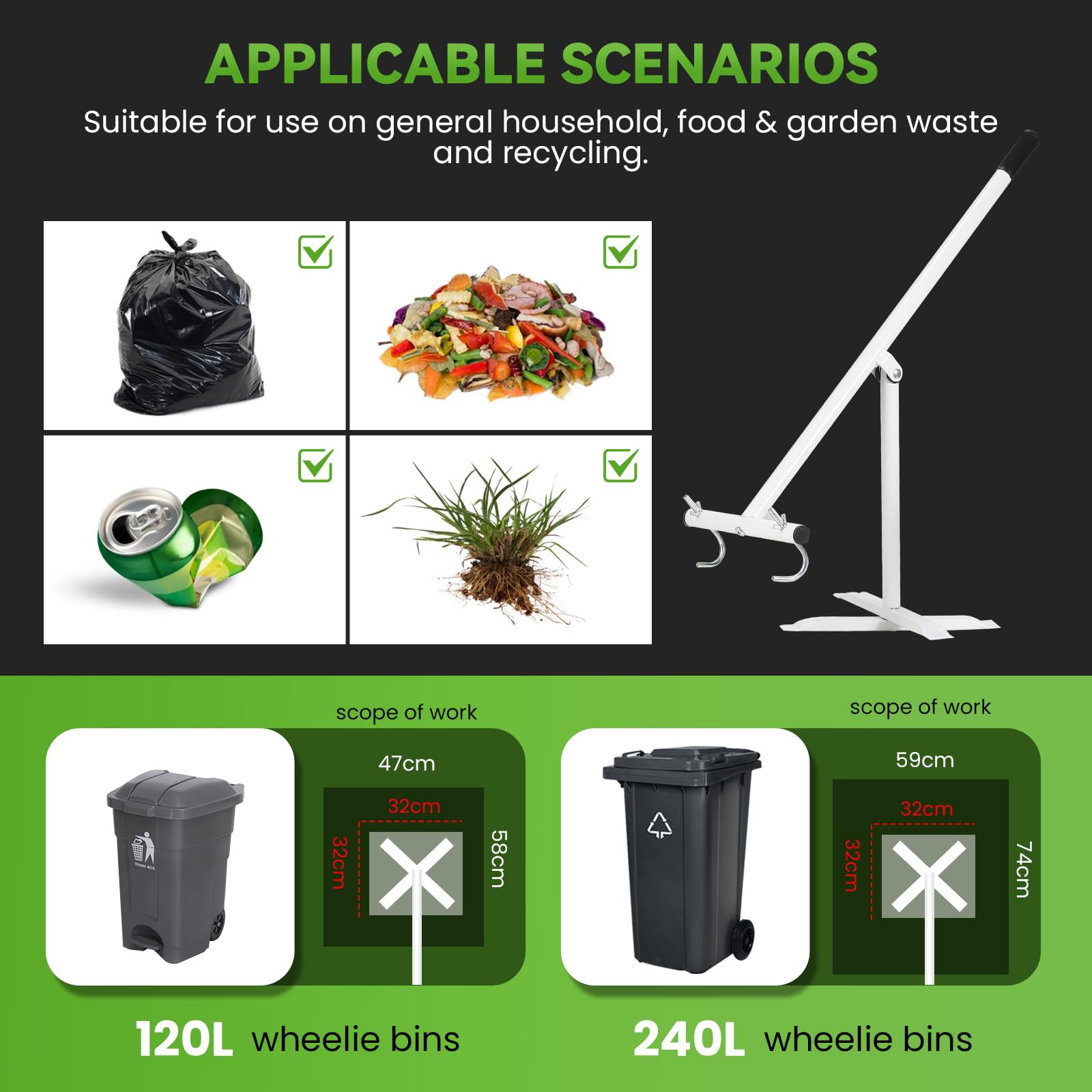 NEWTRY Müllpresse Müllverdichter für 120L-240L Rollcontainer, Abfallzerkleinerer Recycling-Handwerkzeug mit platzsparendem Design für Zuhause, Küche und Garten - Weiß