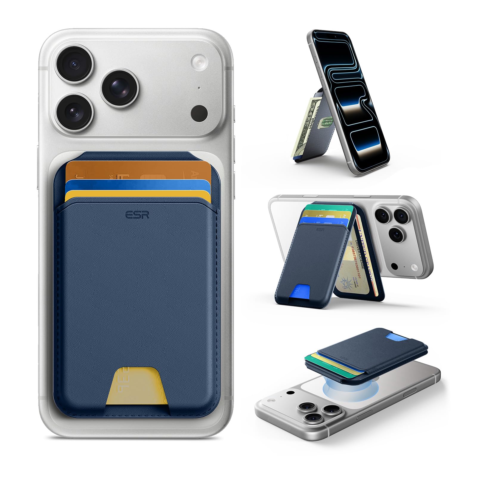 ESR Portafoglio per MagSafe, Blocco RFID, Supporto per 5 Carte, Supporto Regolabile, Porta Carte per iPhone Serie 17e/17/16/15/14/13/12 e Alcuni Dispositivi Samsung, Non per 13/12 Mini, Blu