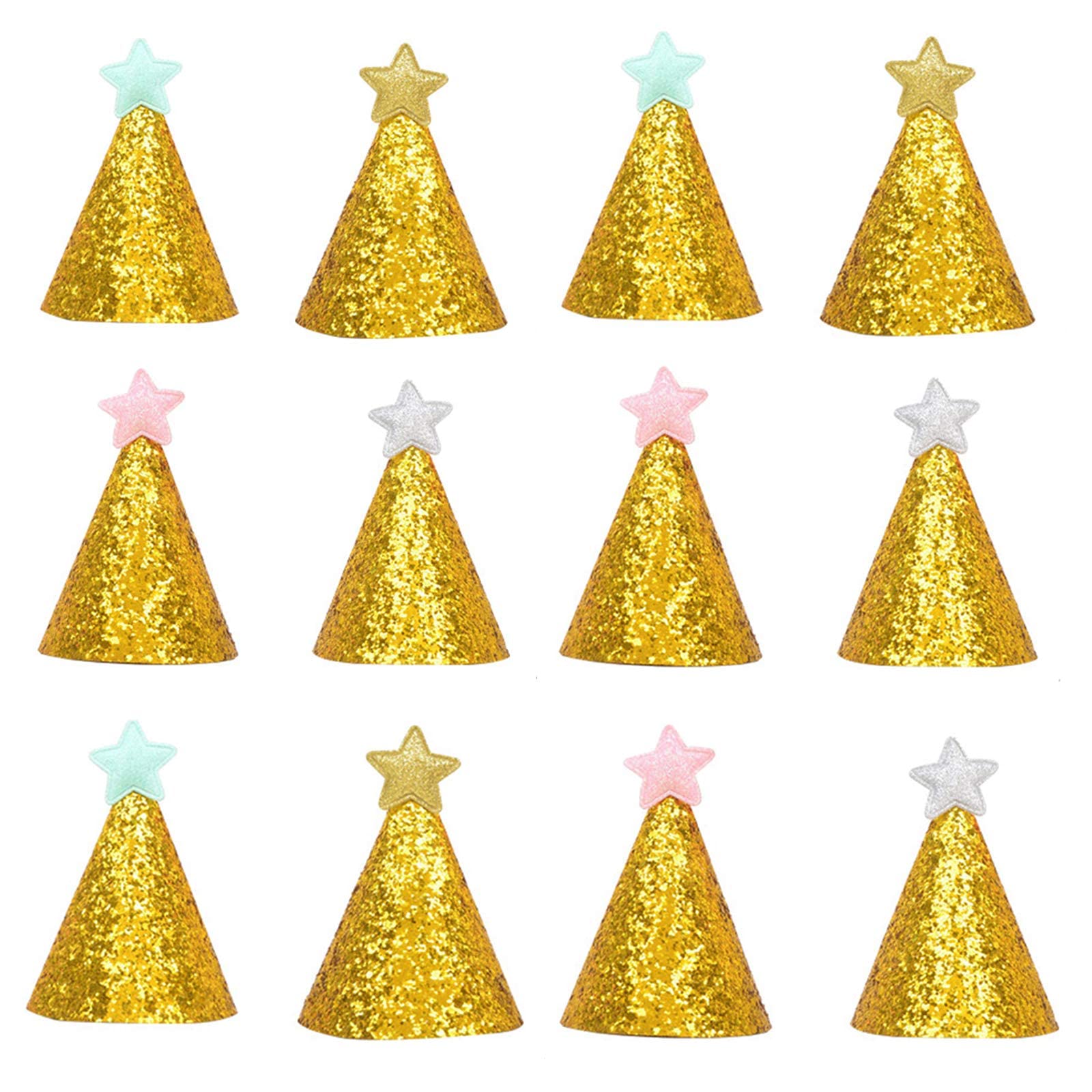 MAKINGTEC 12 Pack Golden Star Birthday Hats Happy Birthday Cloth Party Cone Hats Shiny Party Hat for Kids Adults Pets