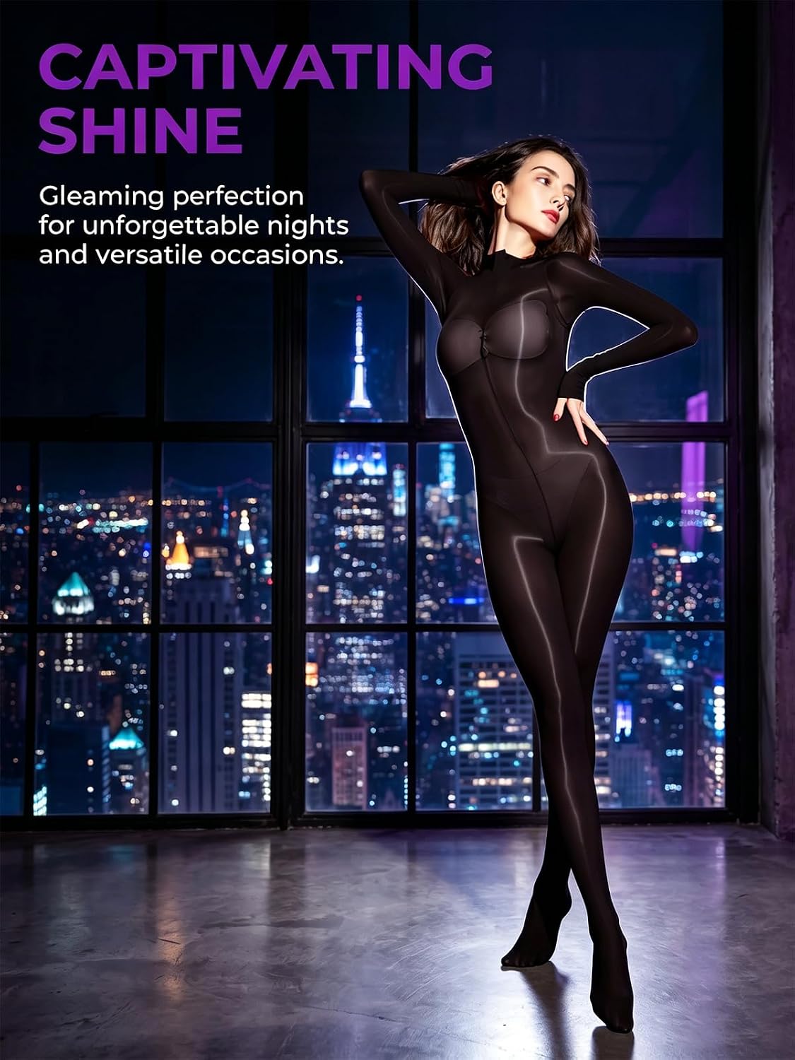 HTRUIYA Women's Oil Shiny Bodystocking Long Sleeved Sexy Body Stocking Sheer Nylon Full Body Stocking Glossy Tights Pantyhose