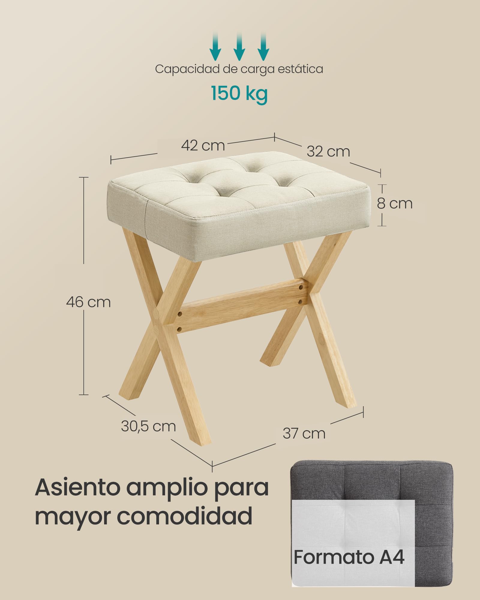 SONGMICS Taburete de Tocador, Taburete de Maquillaje Acolchado, Reposapiés, Patas de Madera, para Dormitorio, Vestidor y Recibidor, 32 x 42 x 46 cm, Beige Arena y Natural LSF006LF02 — view 2