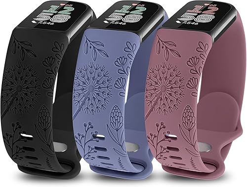 Minyee Paquete de 3 bandas grabadas florales compatibles con Fitbit Charge 6 bandasFitbit Charge 5 bandas para mujer, lindo diseño de flores de
