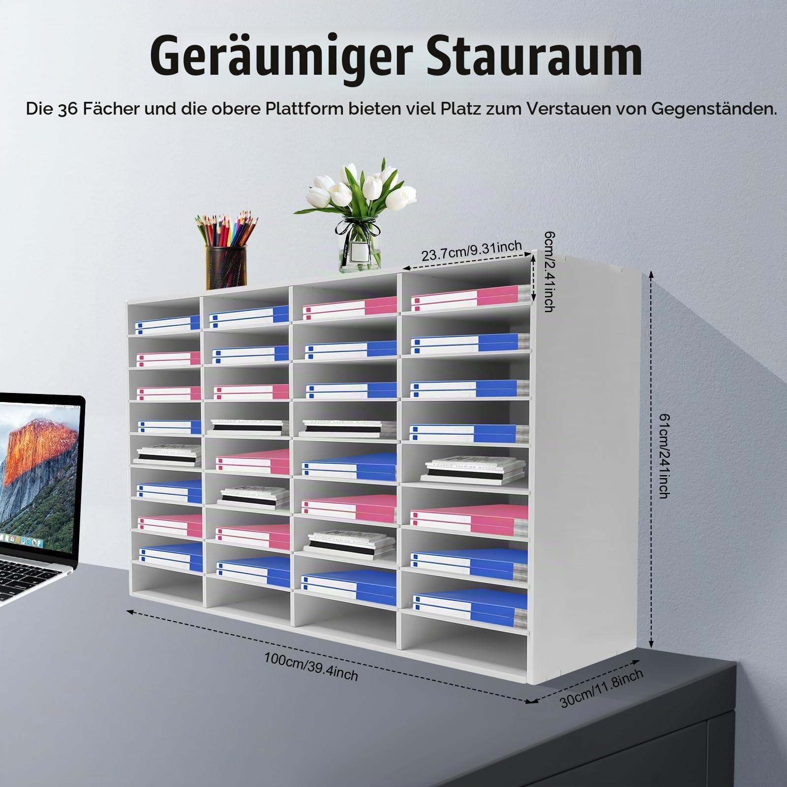 36 Fächer Dokumentenablage, Briefablage aus PVC Verstellbare Regale und Stapelbar Büro Postfach für Familien, Schulen, Arbeitszimmern（100 * 30 * 61cm）