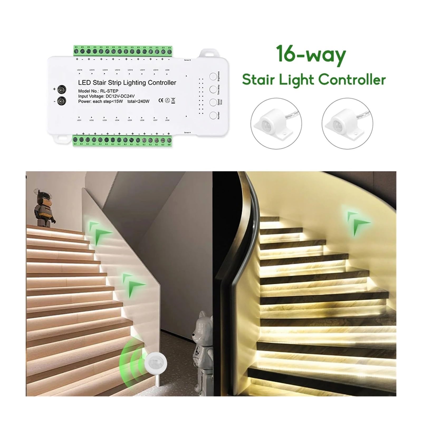 Regolatore Di Gradini A LED A 16 Vie Con Sensore Di Movimento PIR, Luce Notturna Con Dimmer, Luce Ambientale Flessibile For Interni 12V/24V(Only Controller)