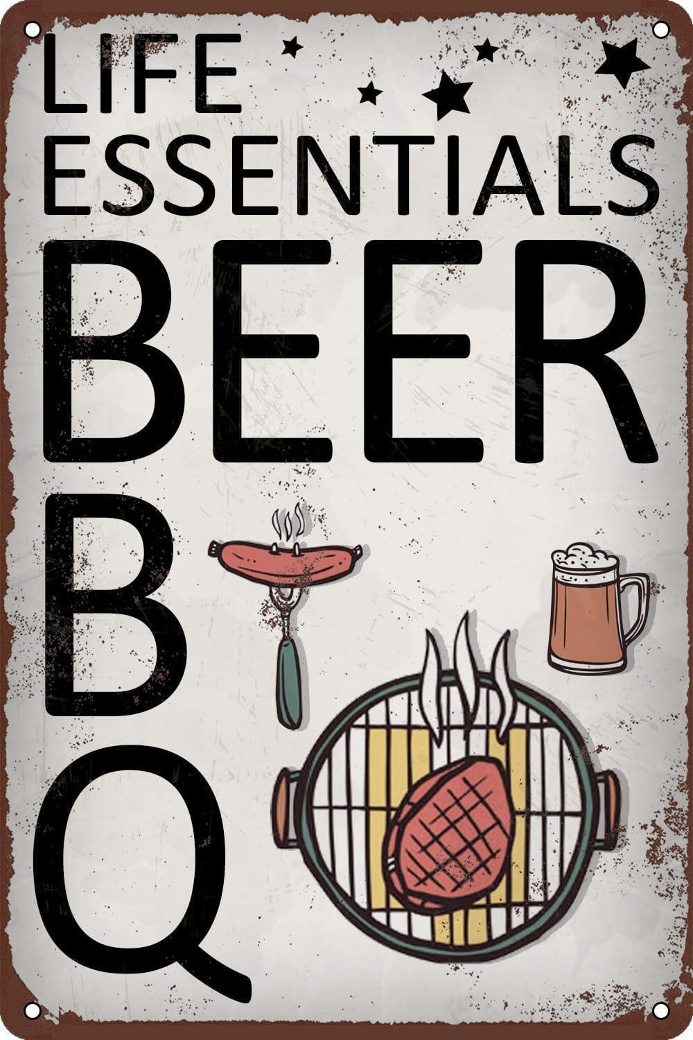 peiyeety Metal Tin Sign Life Essentials Beer BBQ Vintage Retro Wall Art, Durable Weatherproof Plaque With Pre-Drilled Holes, For Home, Bar, Cafe, Garage Decor, 12x16 Inch