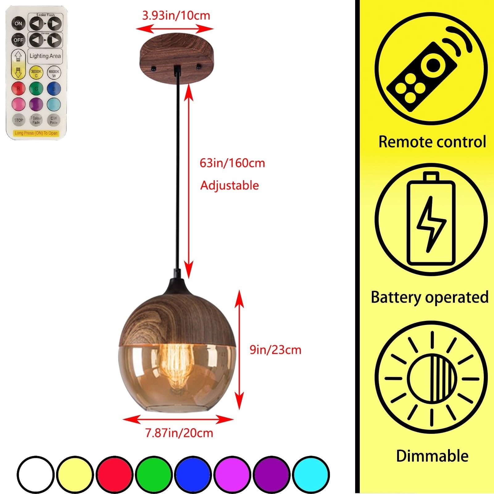 Hängelampe Mit Batterie, Batteriebetriebene Pendelleuchte Mit Fernbedienung,Wiederaufladbare Lichtquelle Keine Hardwiring Installation,Hängeleuchte Ohne Stromanschluss 9 Farben Dimmbar