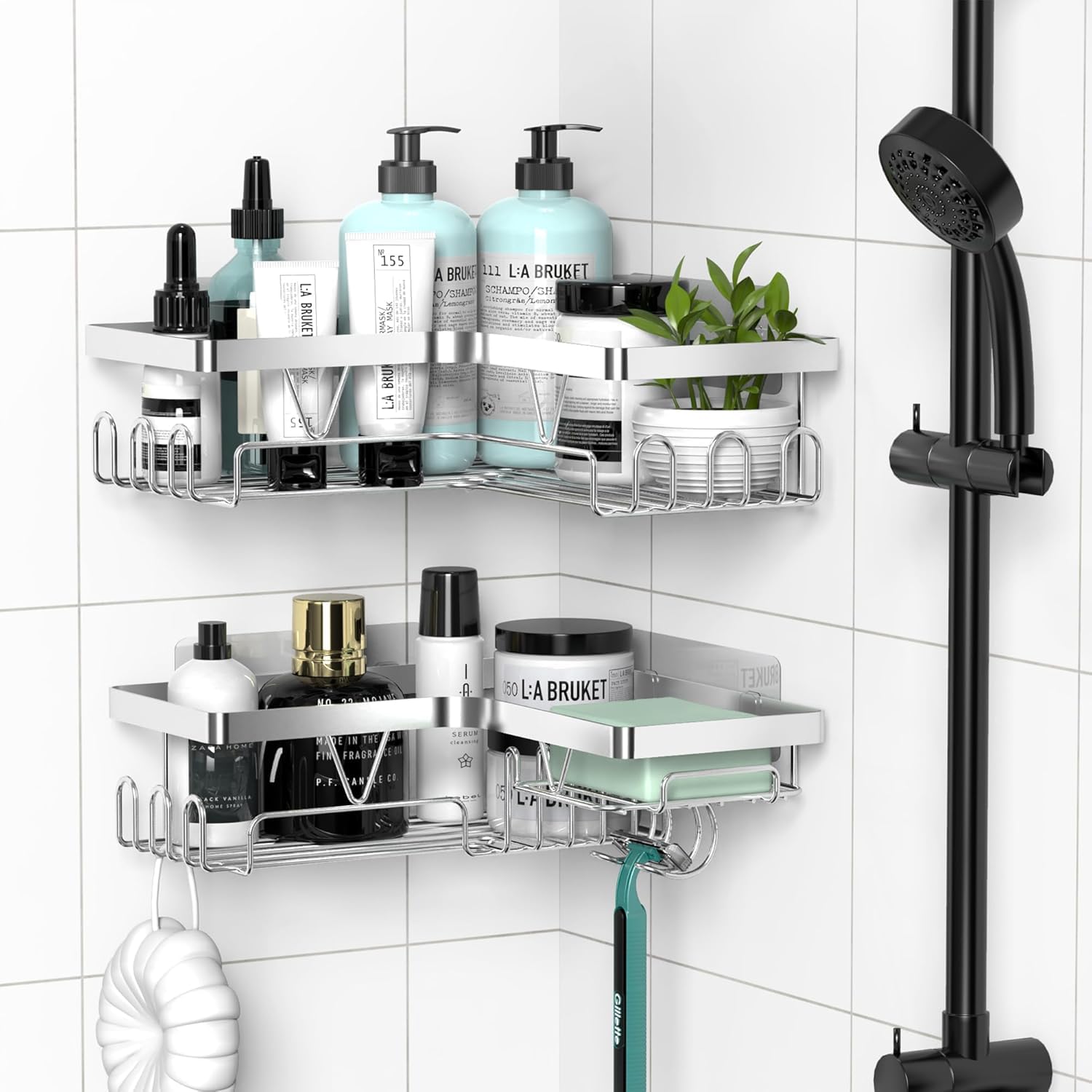 STREAMVOY No-Drill Shower Caddy - 3-Tier Stainless Steel Bathroom Shelf with Hooks Adhesive Gel Pads Soap Tray Drain