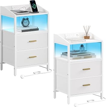 Hzuaneri Bedside Tables Set of 2, Charging Station and LED, White