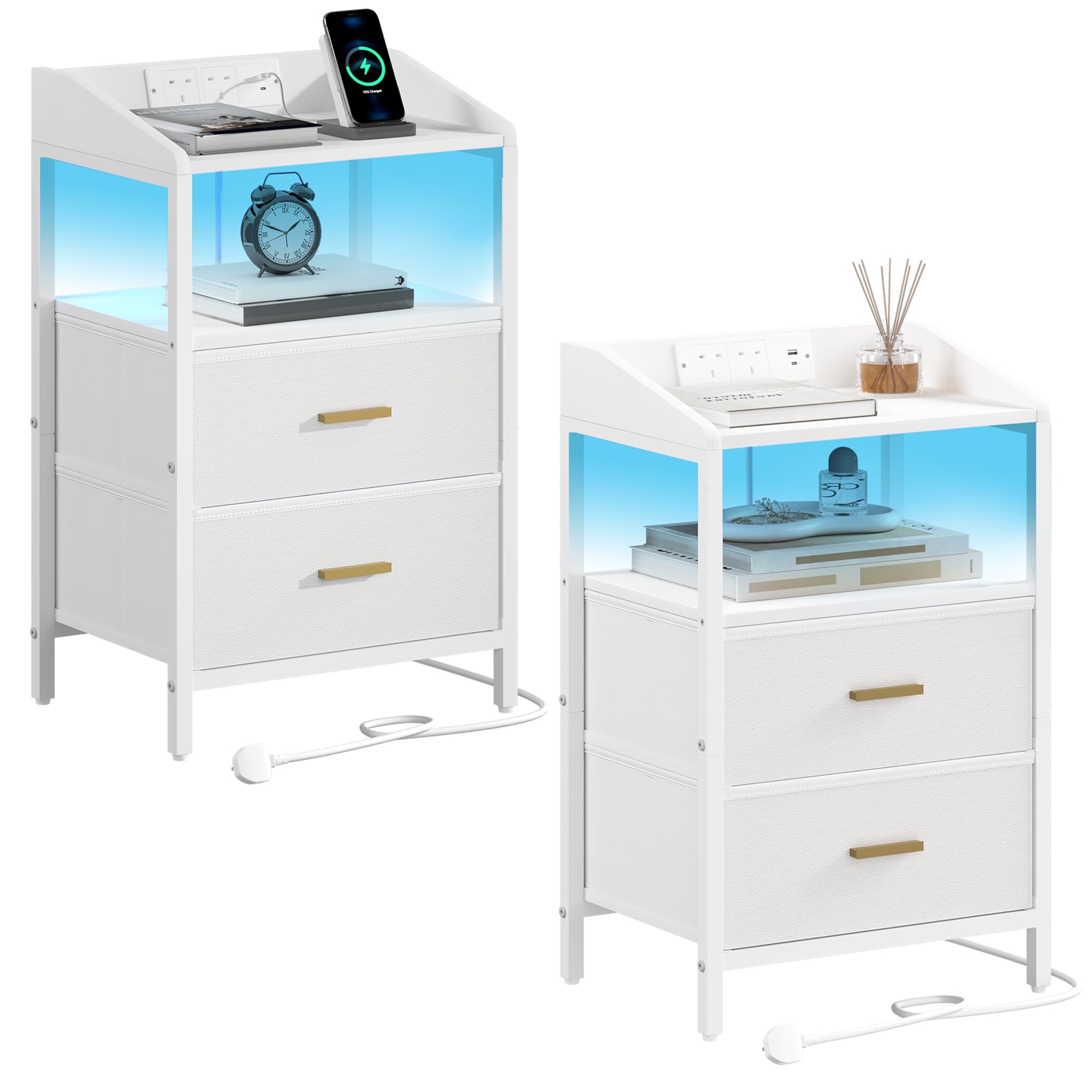 Hzuaneri Bedside Tables Set of 2 with LED Lights and Charging Station, Bedside Cabinet with 2 Fabric Storage Drawers, Nightstand with USB Ports & TypeC for Bedroom, Livingroom, White NS36213W