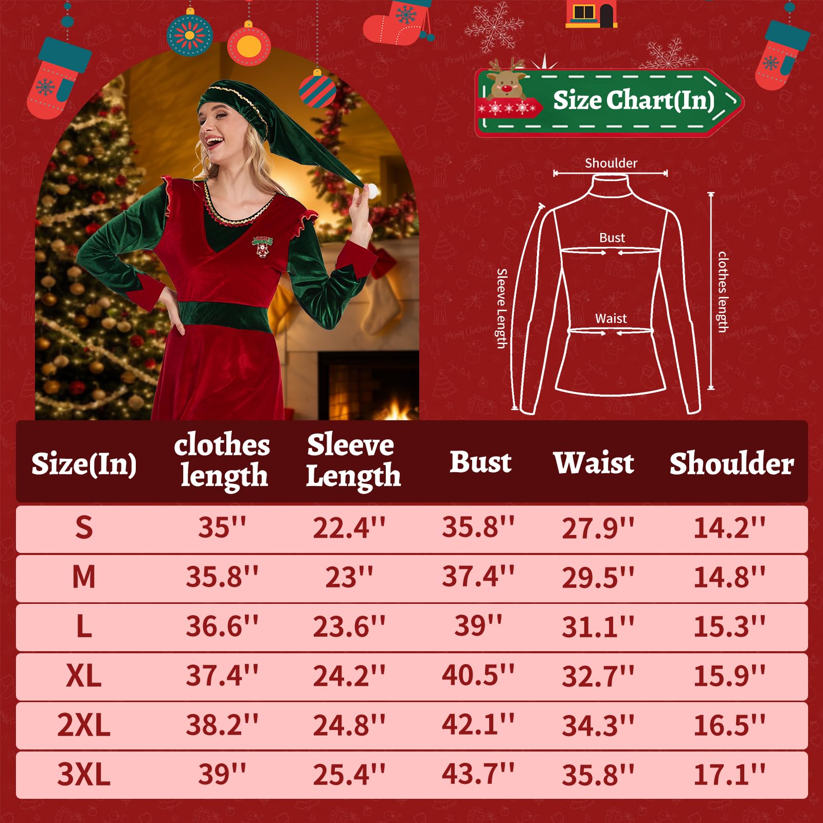Disfraz de elfo Jovi para mujer, conjunto de vestido de elfo navideño con broche y calcetín para fiesta de disfraces de Navidad