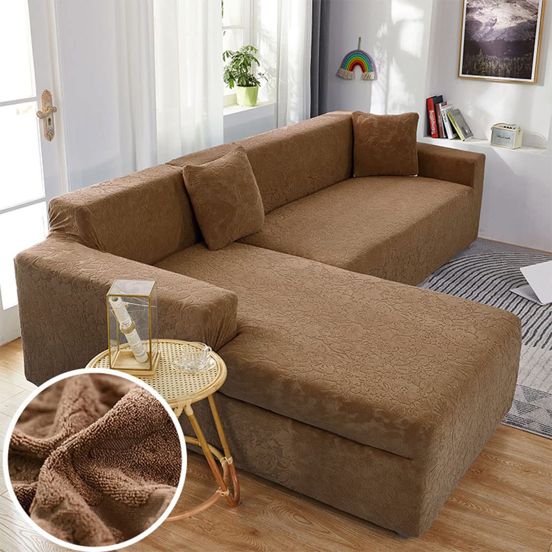 Housse de canapé d'angle en L marron 2 places en jacquard extensible