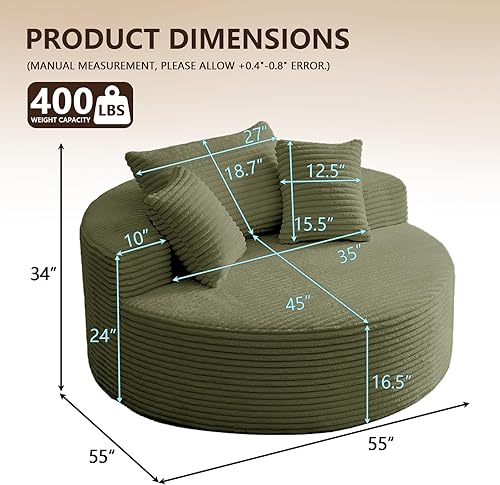 Miniatura 2 de Silla redonda de gran tamaño de 55 pulgadas, tumbona para interiores, sin hueso, con pana de felpa, no requiere montaje, sofá cama moderno y