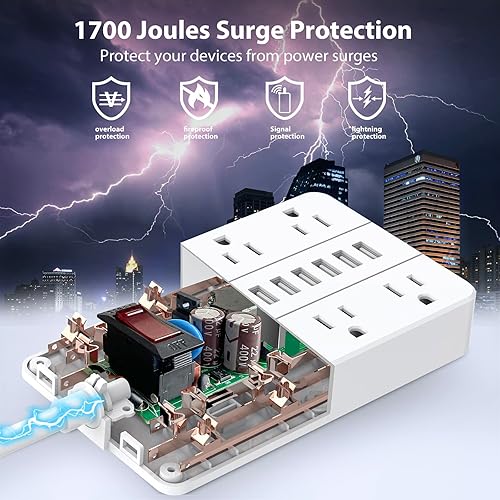 Miniatura 4 de HUNIAN - Cable de extensión de 10 pies de largo, regleta de alimentación con 8 tomas ampliamente espaciadas, 6 USB, estación de carga de montaje en