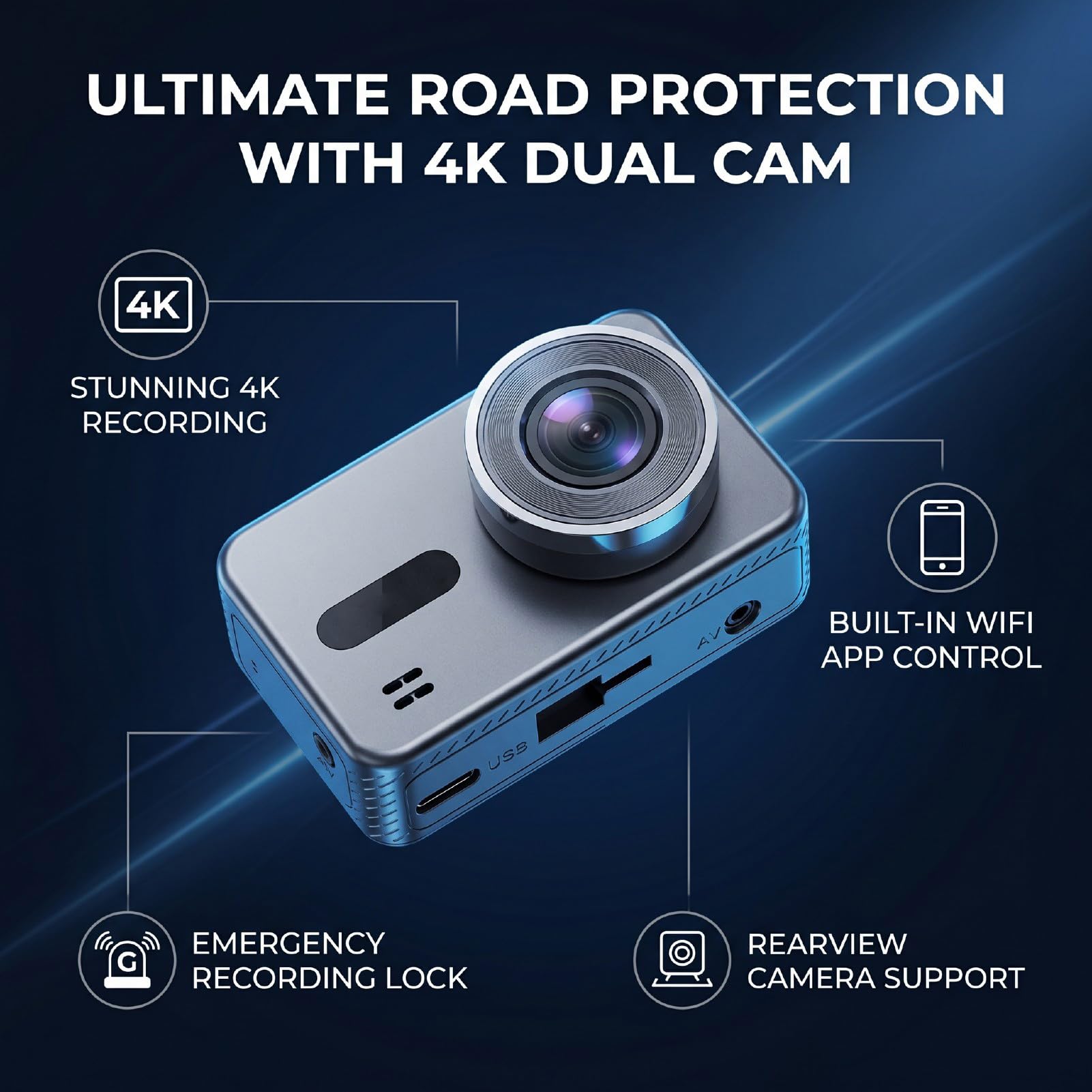 Dash Cam 4K Anteriore e Posteriore, Grandangolo 150°, Visione Notturna, WiFi Integrato, Display da 2,0 Pollici, Sensore G, Registrazione in Loop, con Connessione App Telefono e