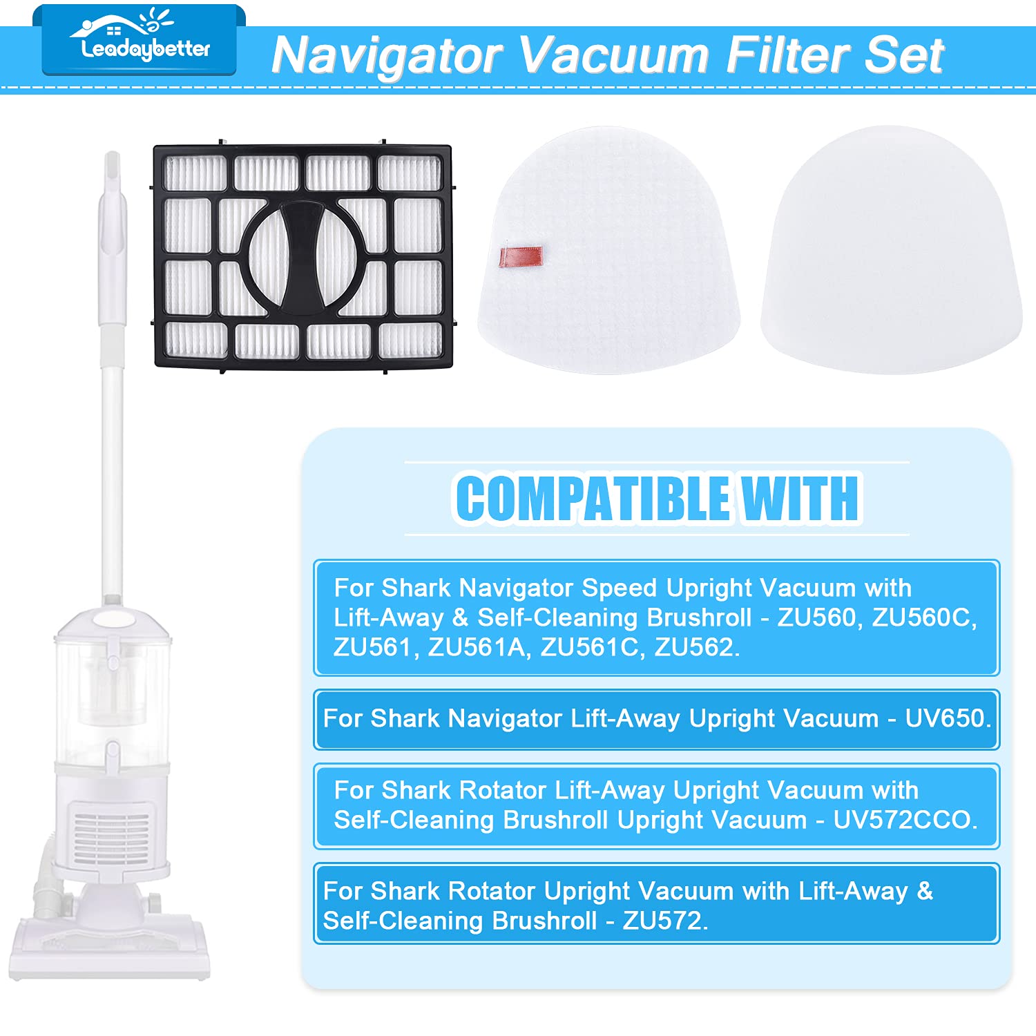 Vacuum Filter Replacement for Shark Navigator Zero-M Lift-Away Speed Upright ZU560 ZU561 ZU562 ZU572 UV650 UV725 ZU660 CU530 ZD400 ZD402 ZD201, 2 Post Filters + 4 Foam & Felt Filters