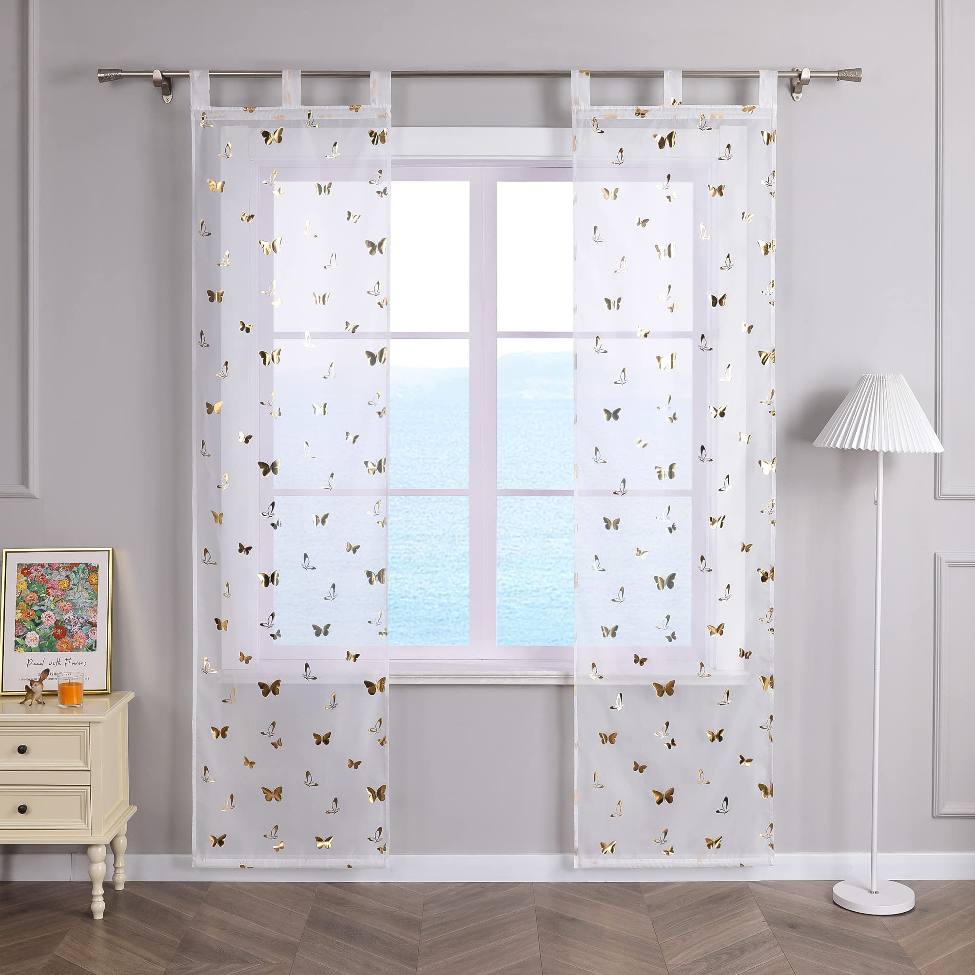 ESLIR 2er Set Flächenvorhänge Schiebegardinen Transparent Gardinen mit Schlaufen Schiebevorhang Weiß Vorhang Wohnzimmer Modern Gold BxH 57x225cm 2 Stück
