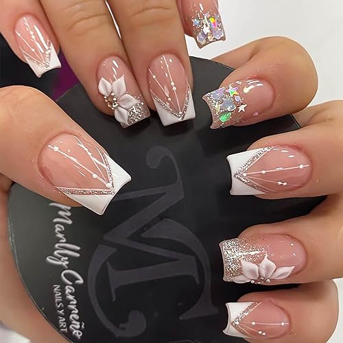 Square Press-on Nails - White French Tip Fake Nails with