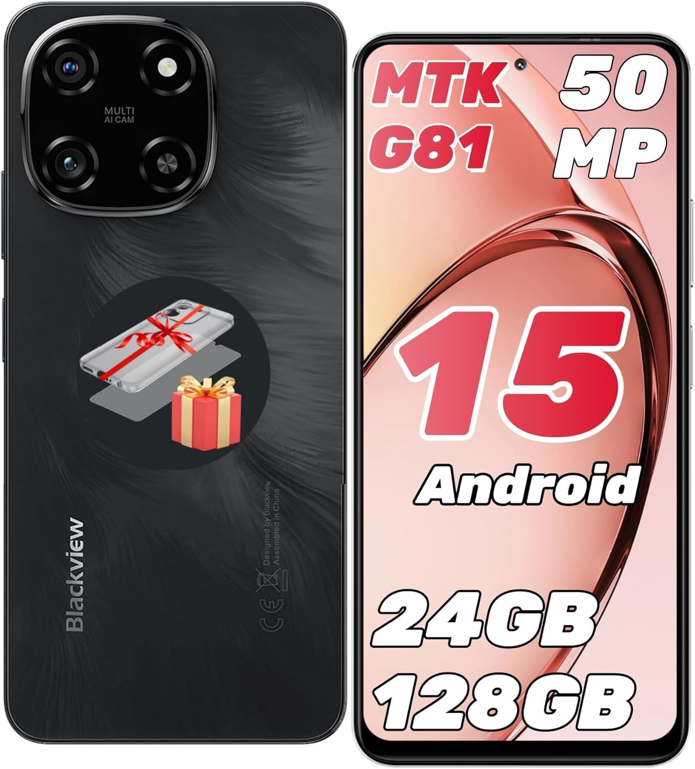 Blackview Color 6 Handy Ohne Vertrag 24GB+128GB/2TB, Smartphone Ohne Vertrag MTK G81 Octa Core 50MP+13MP, Android 15, 6.67" 90Hz Android Handy 5000mAh Dual SIM/Fingerabdruck/Face ID/GPS/OTG