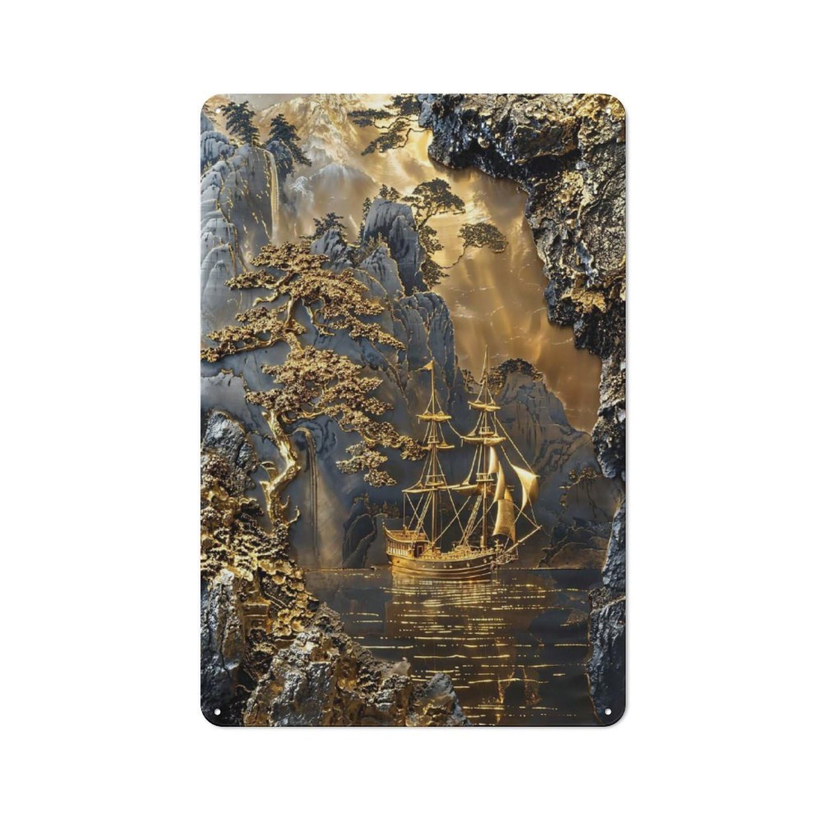 Junmoney Style-7 Golden Horizon Coastline Decorative Metal Plaque For Bar Wall, Pub Room And Party Space, Gift For Friends, Dad Or Home Bar Owners, 30X20cm