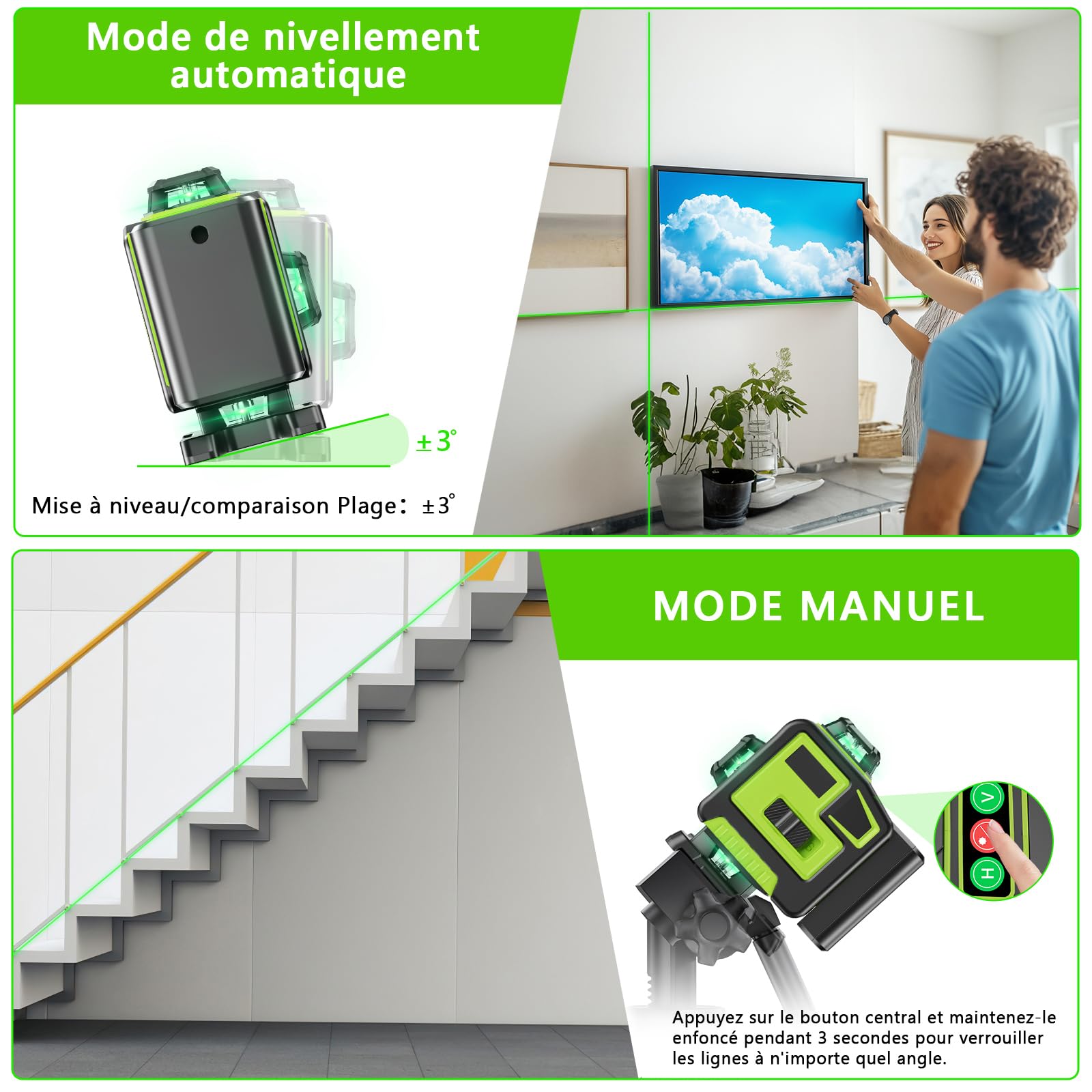 Niveau Laser Chantier Autonivelant 360° x 4, Lazer Niveaux 4D 16 Lignes Laser, Autonivellement et Mode Pulsé Extérieur, 2 x Batterie, Nivellement Automatique, Support Rotatif, Télécommande