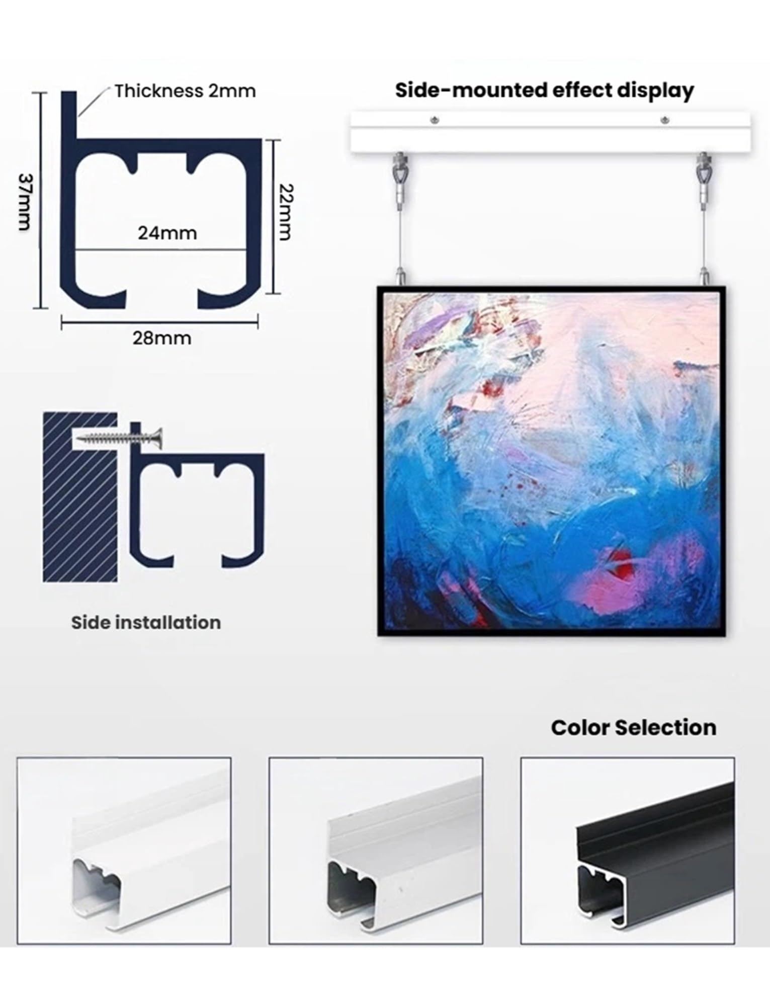 Rail d'accrochage pour tableaux, Kit de rails de suspension for tableaux, longueur 50 à 240 cm, avec cordes et crochets en acier(55cm/21.65in)