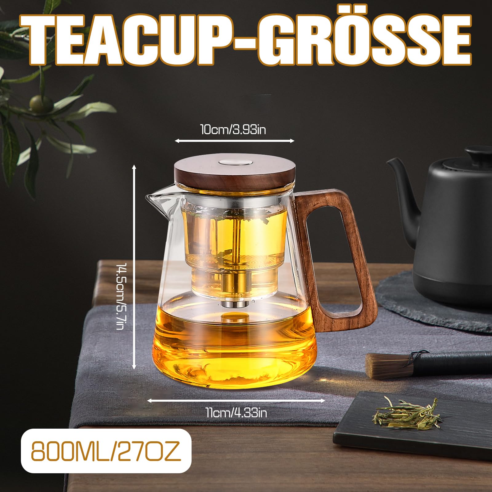 Théière Magique 800ml, Théière en Verre avec Infuseur, Tea Pot en Verre avec Séparation de L'eau, avec Poignée en Bois, Tea Pot Transparente, pour Brasser, Filtrer les Feuilles en Vrac