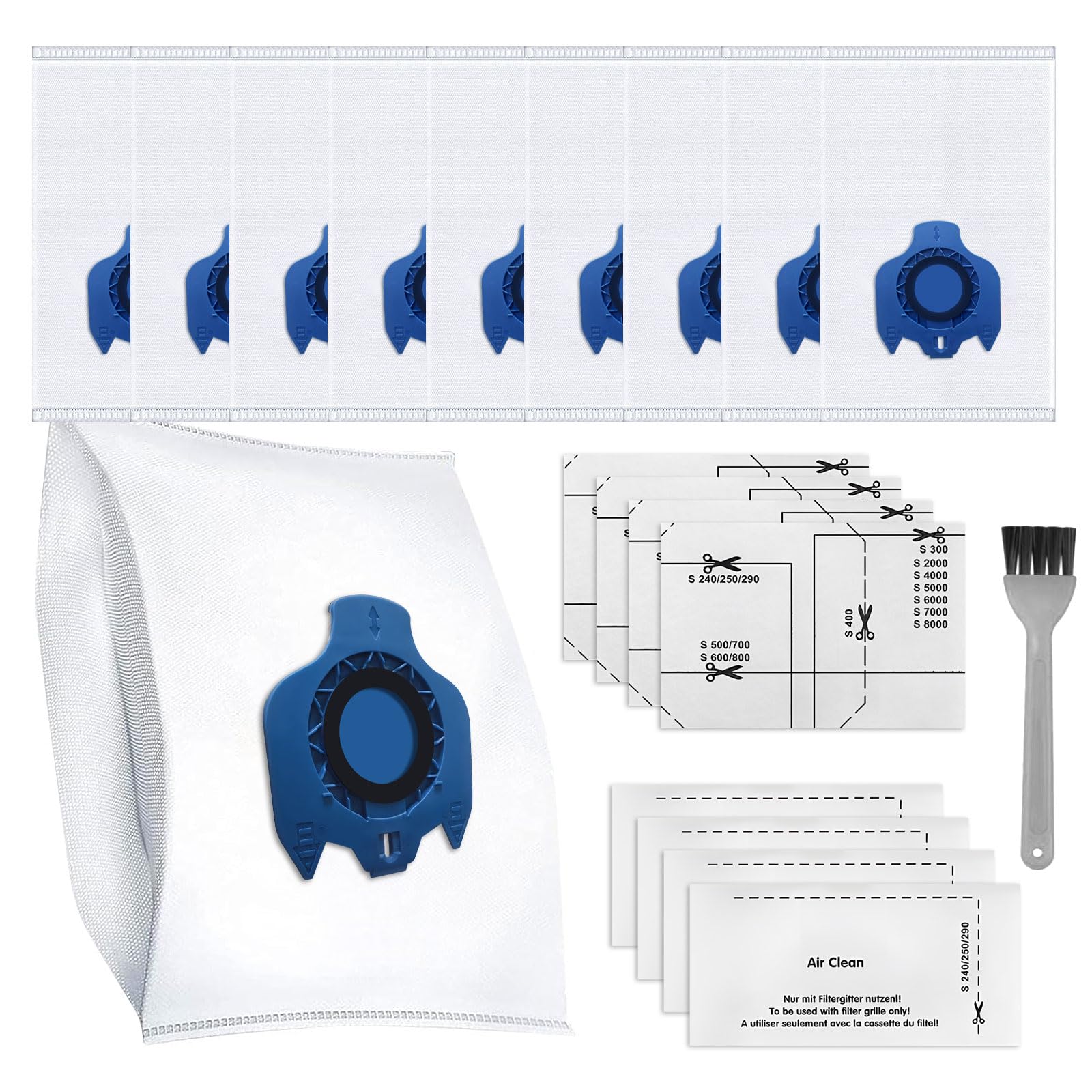 10PCS Replacement Miele Vacuum Bags,3D AirClean FJM Dust Bags Compatible with Miele GN Series Classic C1, Complete C1/C2/C3,S2,S3,S4,S5,S6,S7,S8 Series Vacuum Cleaner Bags with 8 Filters and 1 Brushes
