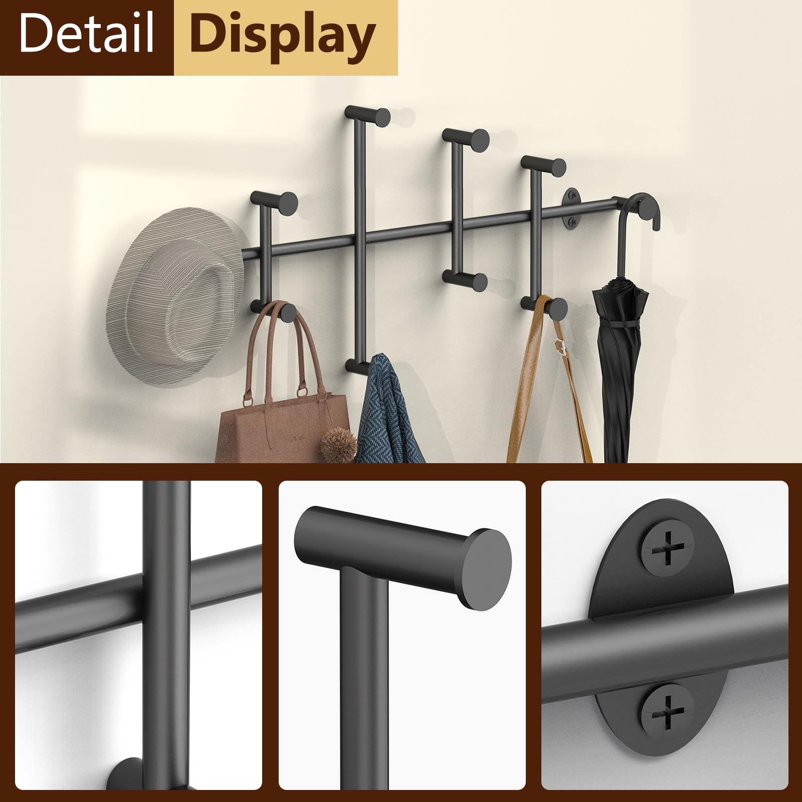 Perchero grande para colgar en la pared, minimalista, negro, 31 pulgadas de largo, resistente, con 10 ganchos para habitación, entrada, dormitorio, guardarropa, pasillo