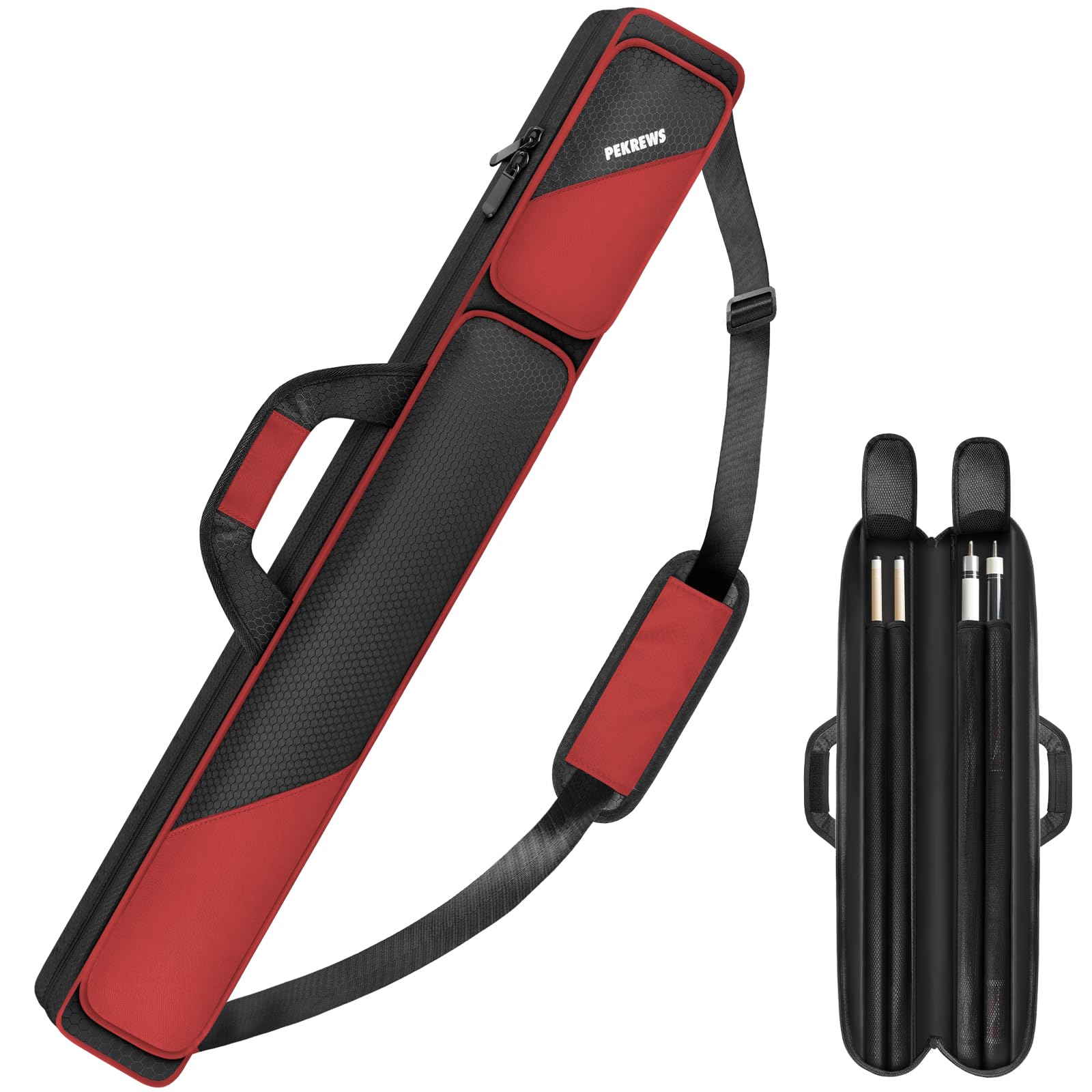 Pool Cue Case 2x2, Pool Stick Bag for 2 Sticks with 2 Zipper Accessory Pockets, Sturdy Polyester Pool Cue Carry Bag with Shoulder Strap, Soft Billiard Cue Backpack for