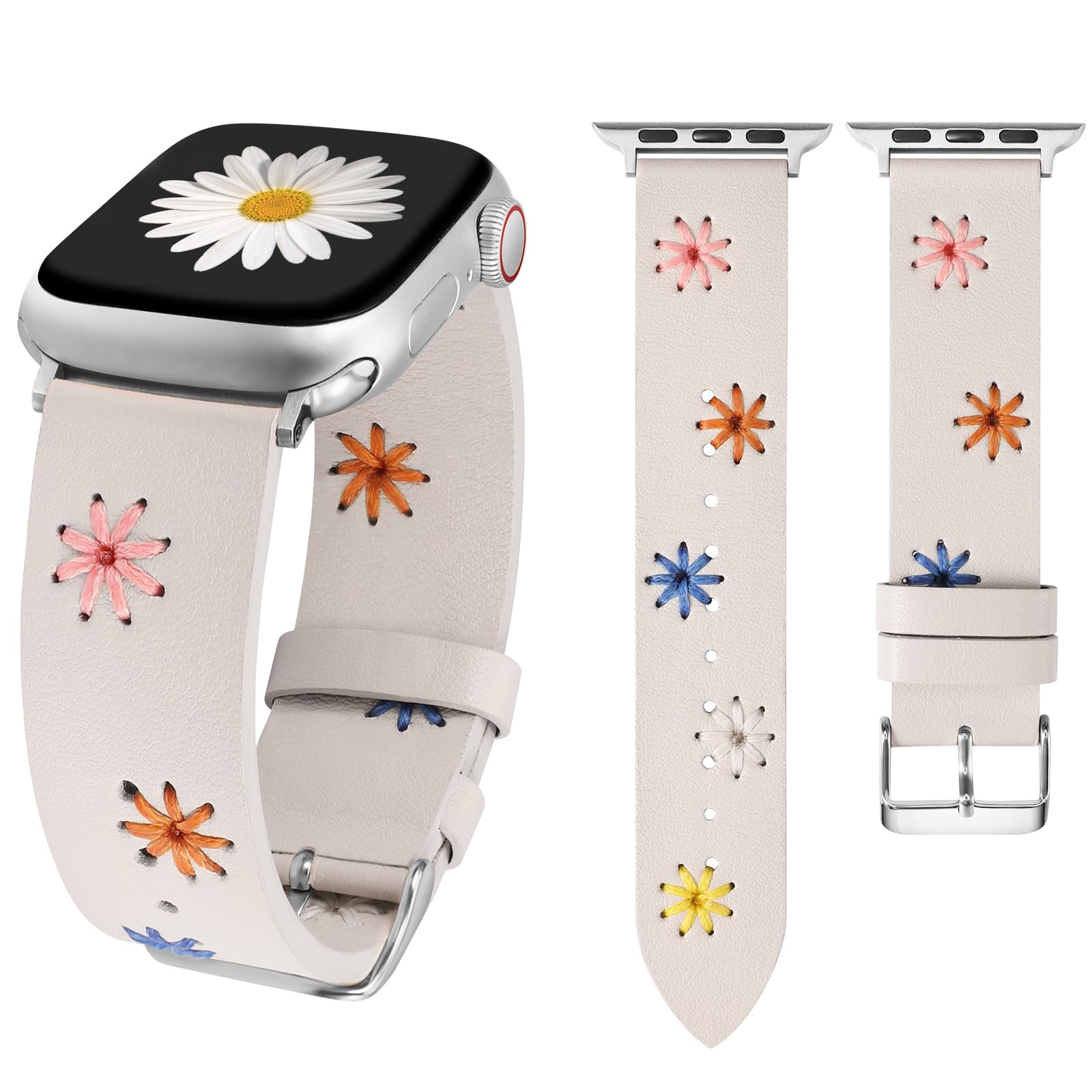 Wearlizer Floral Leather Band Compatible with Apple Watch Band Women 41/40/38mm 45/44/42/49mm (Ultra/Ultra 2) Cute Fancy Handmade Daisy Stitched Designer Strap for iWatch Series 9/8/SE/7/6/5/4/3/2/1