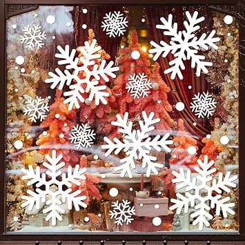 Sunboom 415 PCS Large Snowflake Window Clings White Extra Large Snowflakes Decals for Window, 10 Sheets Reusable Christmas Snowflake Decals for Glass Windows