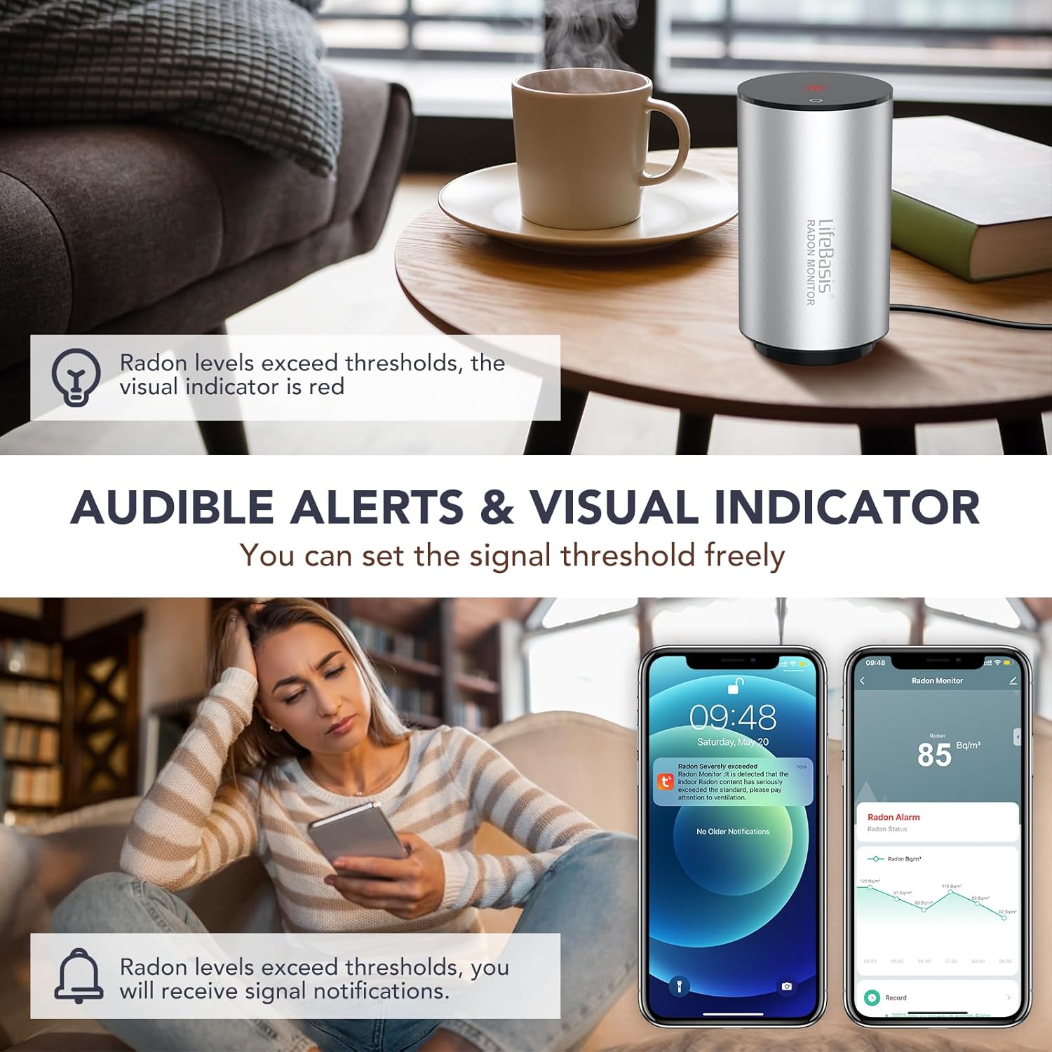 Life Basis Radon Detector for Home Basement, Smart Radon Monitor Fast Capture of Fluctuating Levels, Radon Tester Short & Long-Term Monitoring with Notifications - Connected Mobile App & WiFi