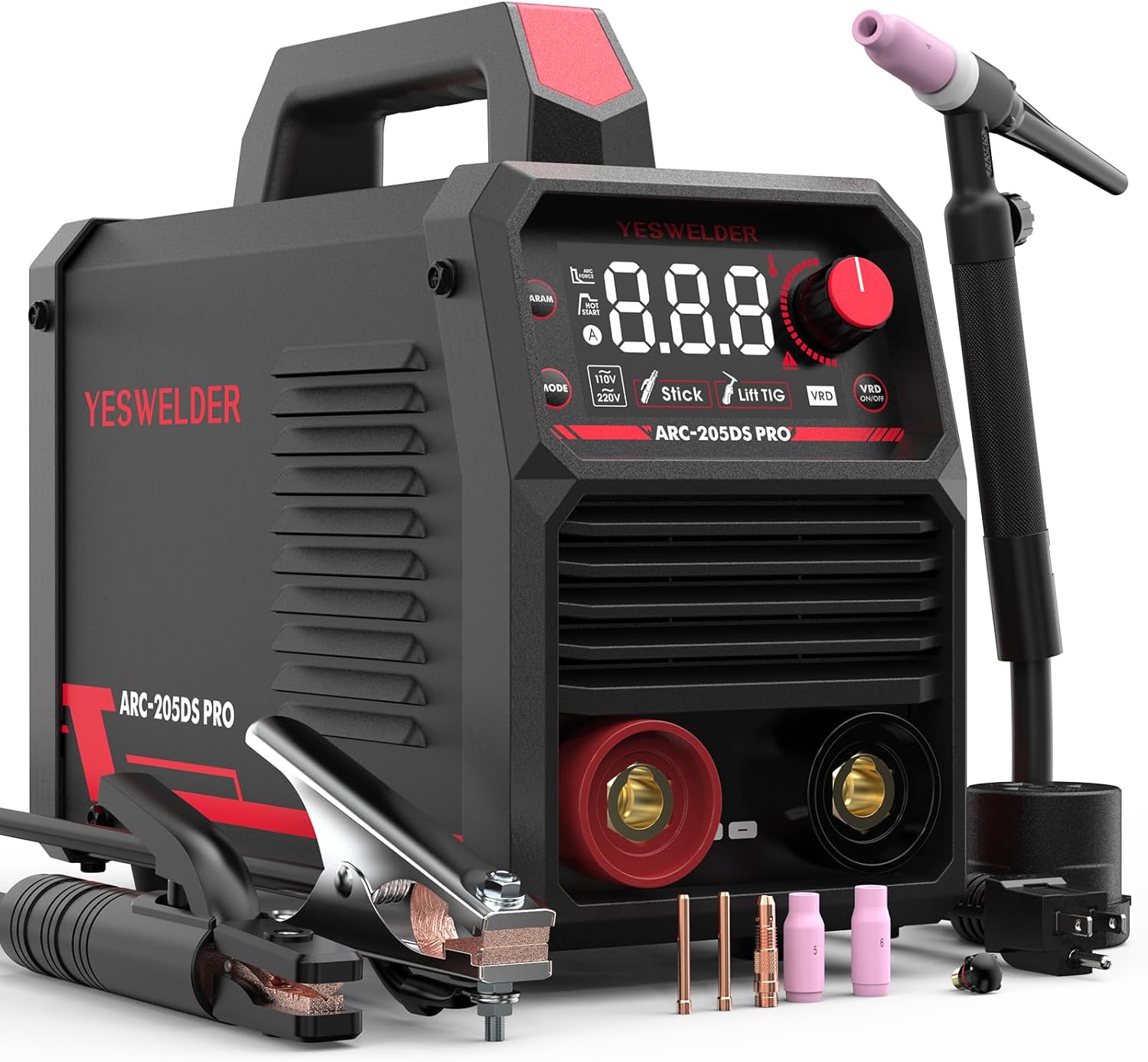 YESWELDER ARC-205DS 205A Stick & Lift TIG Welder Dual Voltage 110/220V Hot Start Large LED Display Portable MMA Welder