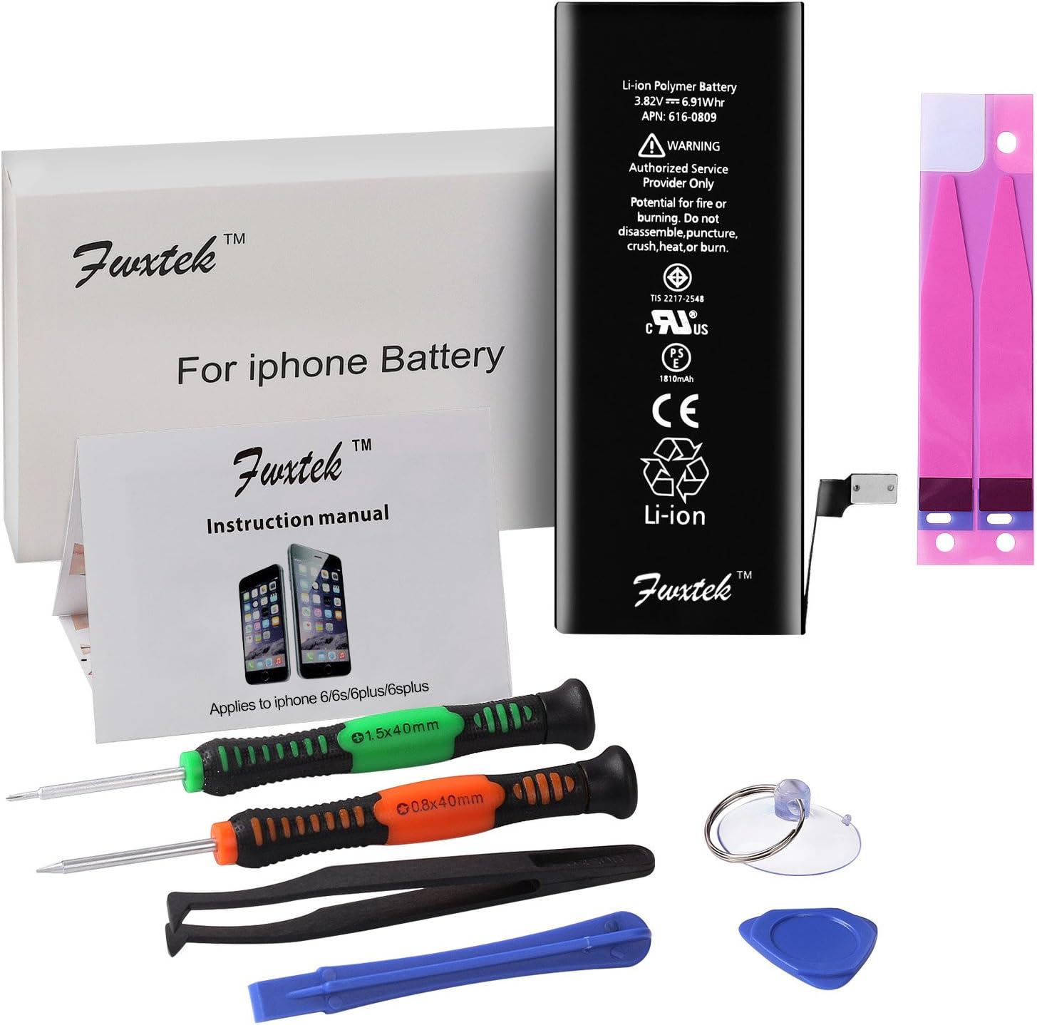 Battery Charger Internal Li-ion Replacement for IP 6 (Not 6 Plus, 6S or 6S Plus) with Complete Repair Tools Kit and Instructions by Fwxtek - 2 Year Warranty