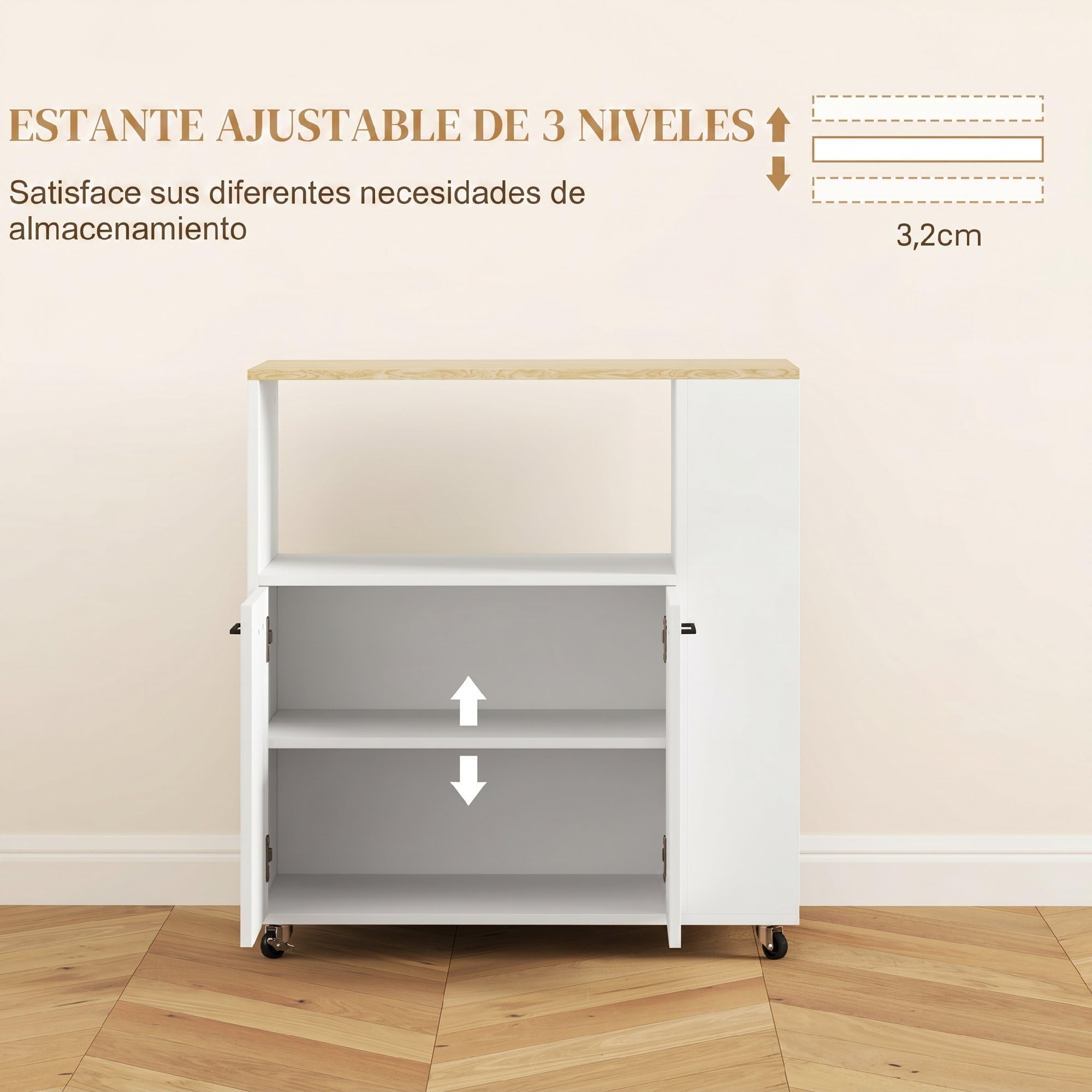 HOMCOM Carrito Auxiliar con Ruedas, Carrito de Cocina con 2 Puertas, Estante Ajustable, Especieros, para Comedor, 75x40x80,5 cm, Blanco