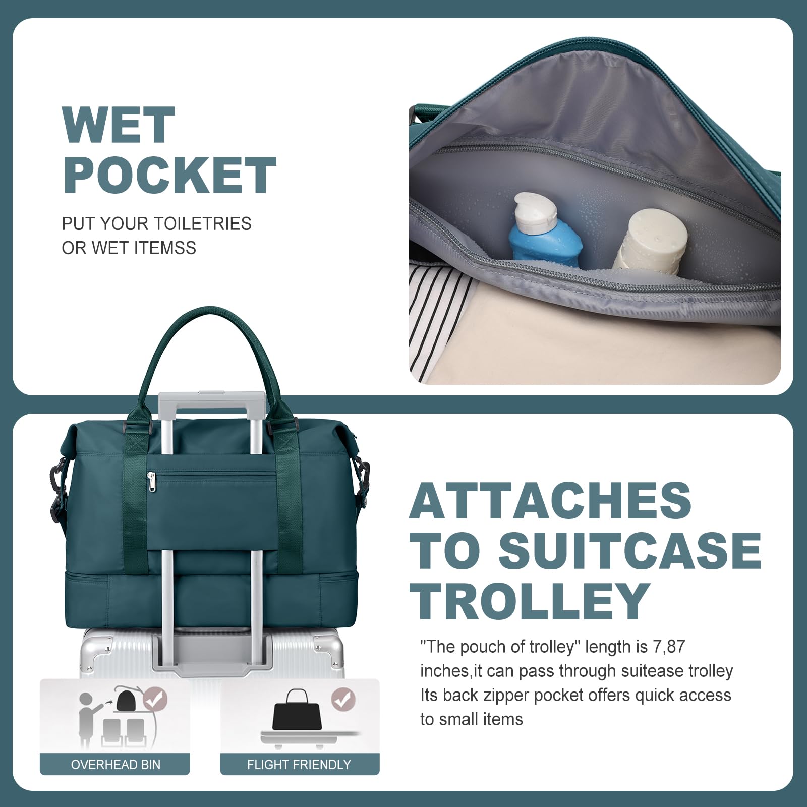 HPLQQ Borsone da Viaggio Donna Bagaglio a Mano Easyjet 45x36x20, Borsa Sportiva Borsone da Palestra con Scomparto per le Scarpe, Borsa da Weekend, Ospedale Parto, Danza,A03-Blu Pavone