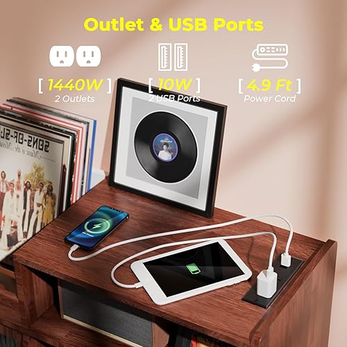 Miniatura 6 de Soporte grande para tocadiscos con puerta corredera, armario de almacenamiento de discos de vinilo 350, mesa de tocadiscos con toma de corriente y