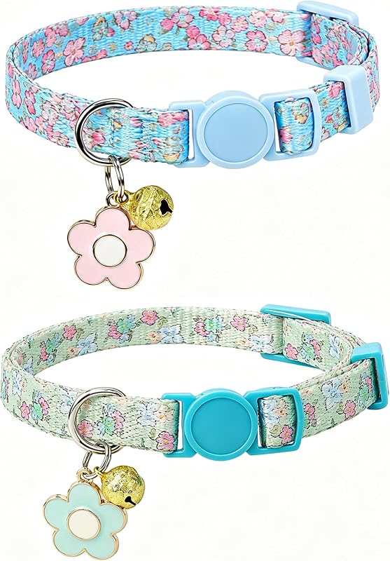 Coleira Ajustável para Gatos em Nylon Estampado com Fivela de Segurança e Guizo, Green Flowers, SOLMOONY, Pacote com 2