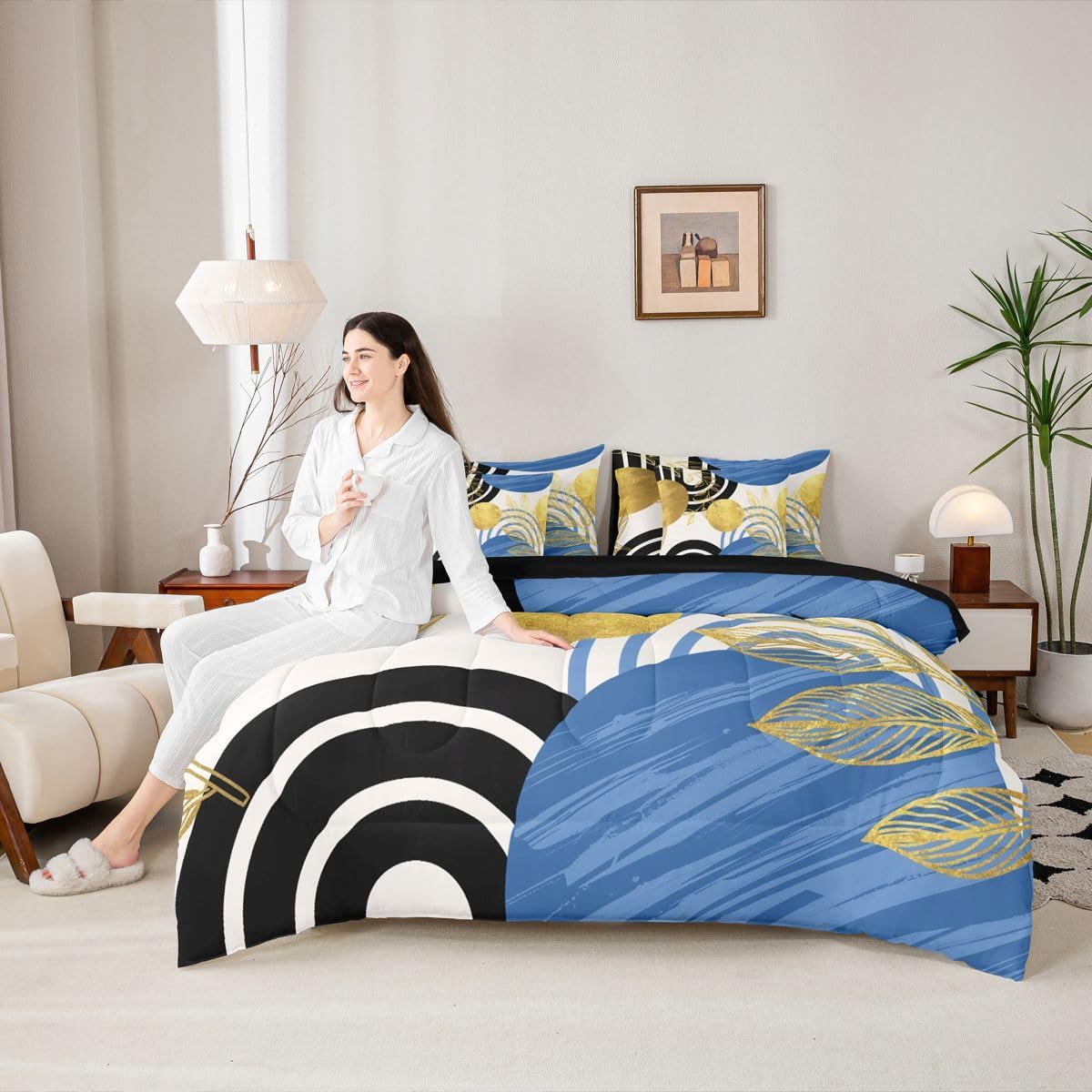 Erosebridal Black Blue Gold King Bedding Set 7 Piece for Women Boho Mid Century Comforter Set Geometric Tropical Leaves Sheet Sets Modern Abstract Lines Bed in A Bag for Teens Adult Men Kids Bedroom