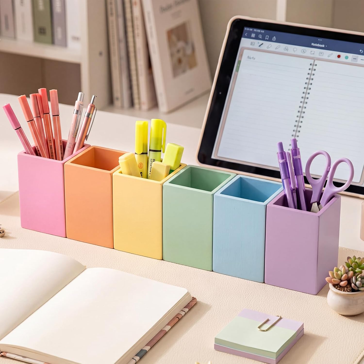 Ctosree 6 Pcs Pastel Wooden Pencil Holder Back to School Pastel classroom Decor Desk Organizer Cute Storage Caddy for Office Home Multicolor School Organizer Supply