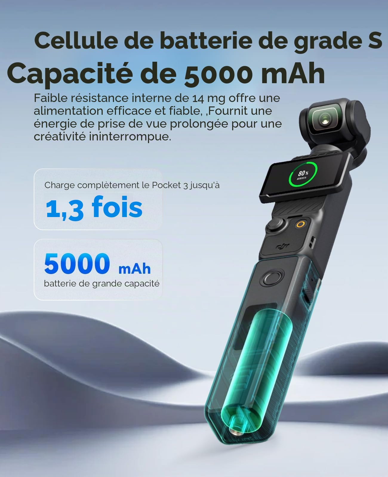 Osmo Pocket 4/3 Poignée de batterie 20 W à charge rapide Compatible avec DJI Pocket 3/Xtra Muse avec écran LCD couleur Vitesse de charge et température de la batterie visible, 5000 mAh